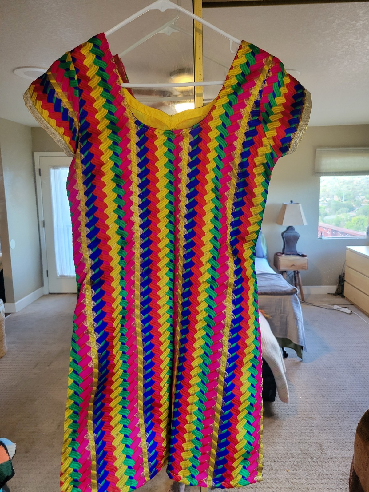 VINTAGE COLORFUL KAFTAN MINI DRESS MULTICOLOR WITH GOLD DETAILS SIZE M