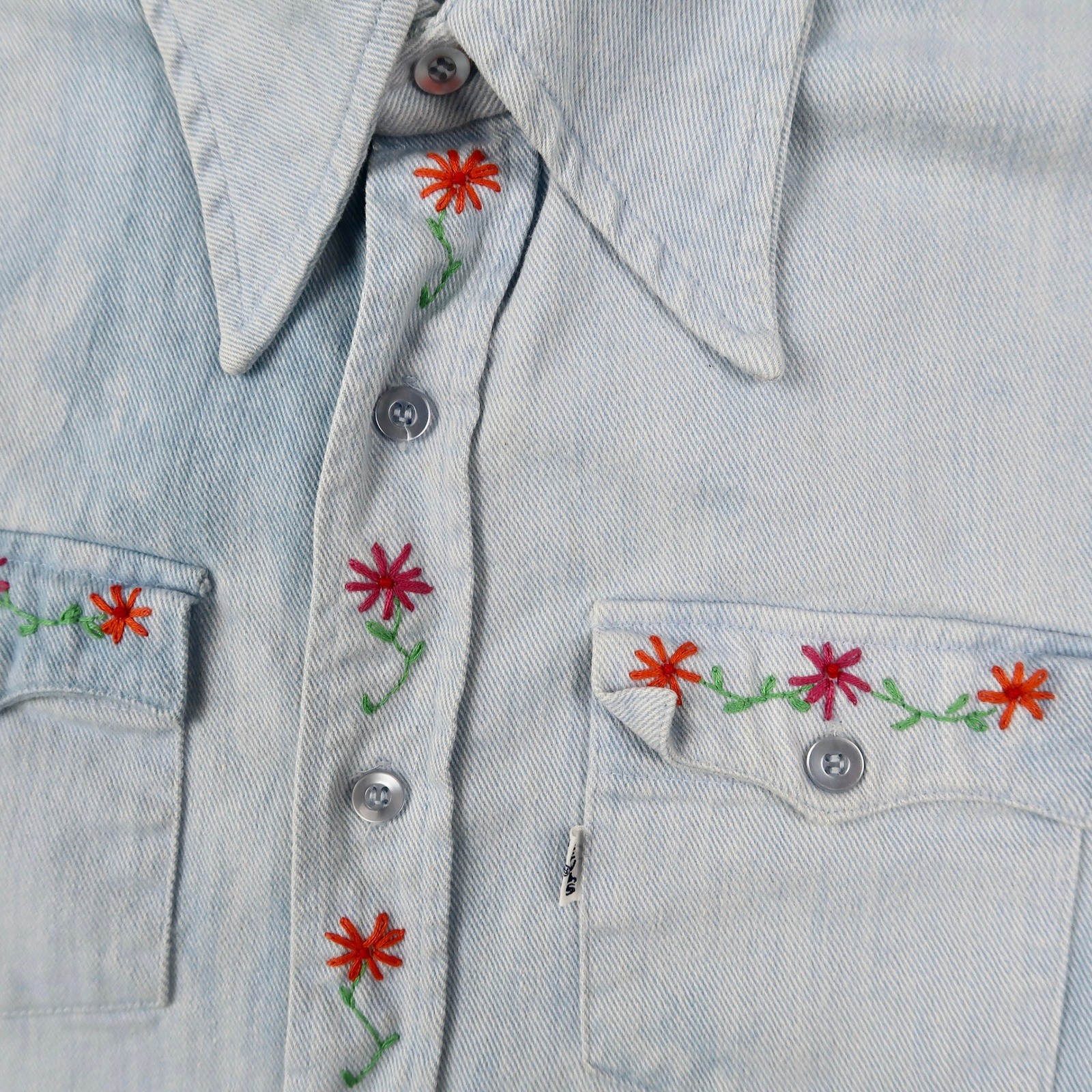 Vintage 70s Levis Big E Denim Shirt Womens M Floral Embroidered Western USA