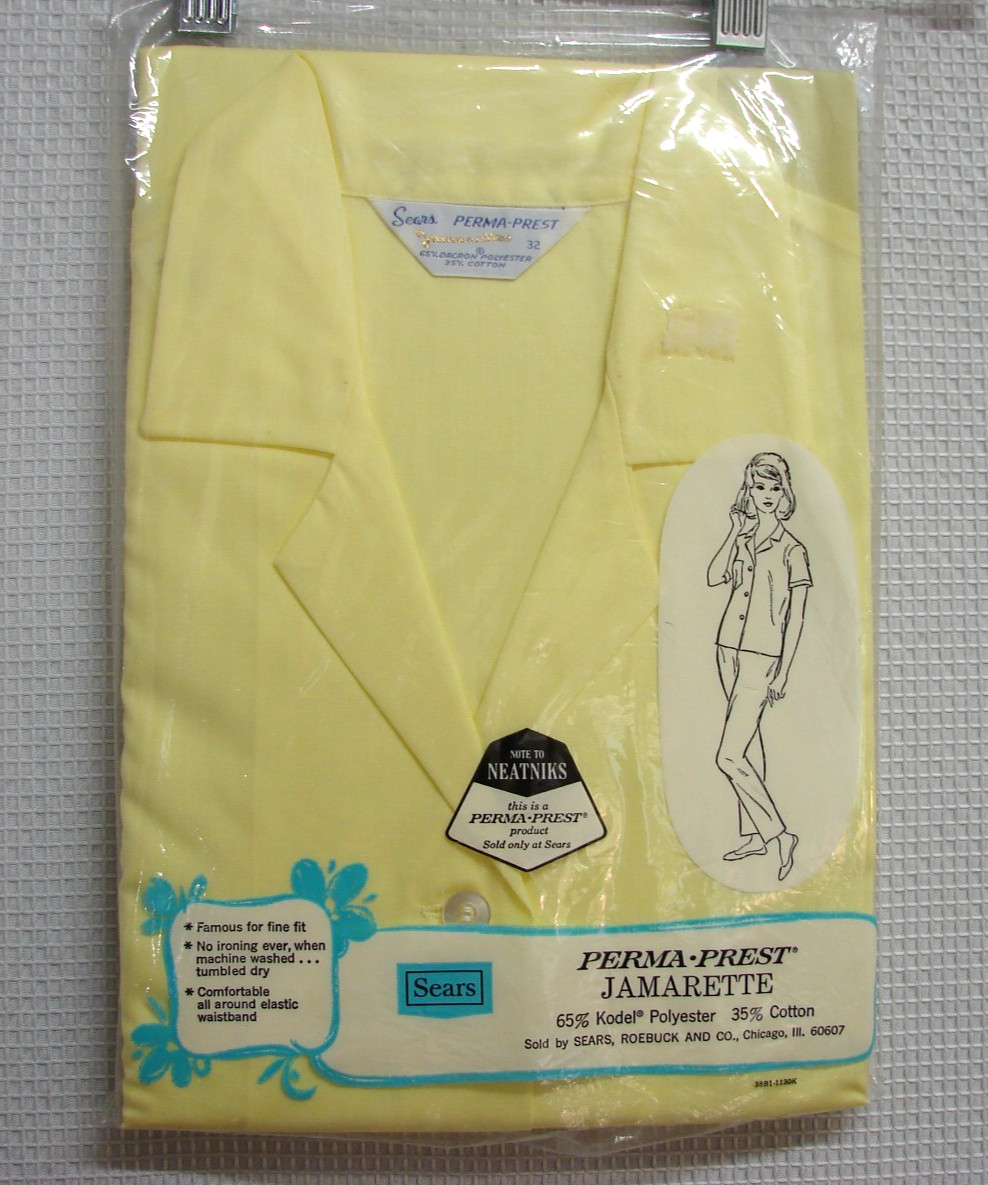 Vtg NOS Sears Pajamas Womens 32 Yellow Jamarette Short Sleeve Long Pants No Iron