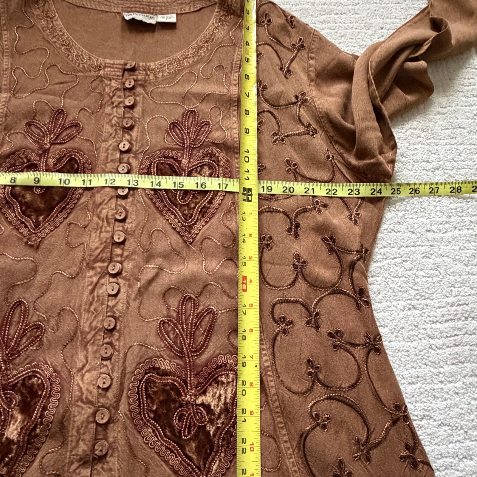 Vintage 90s Sportique Brown Rayon Embroidered Velvet Heart Skirt and Top Set LG