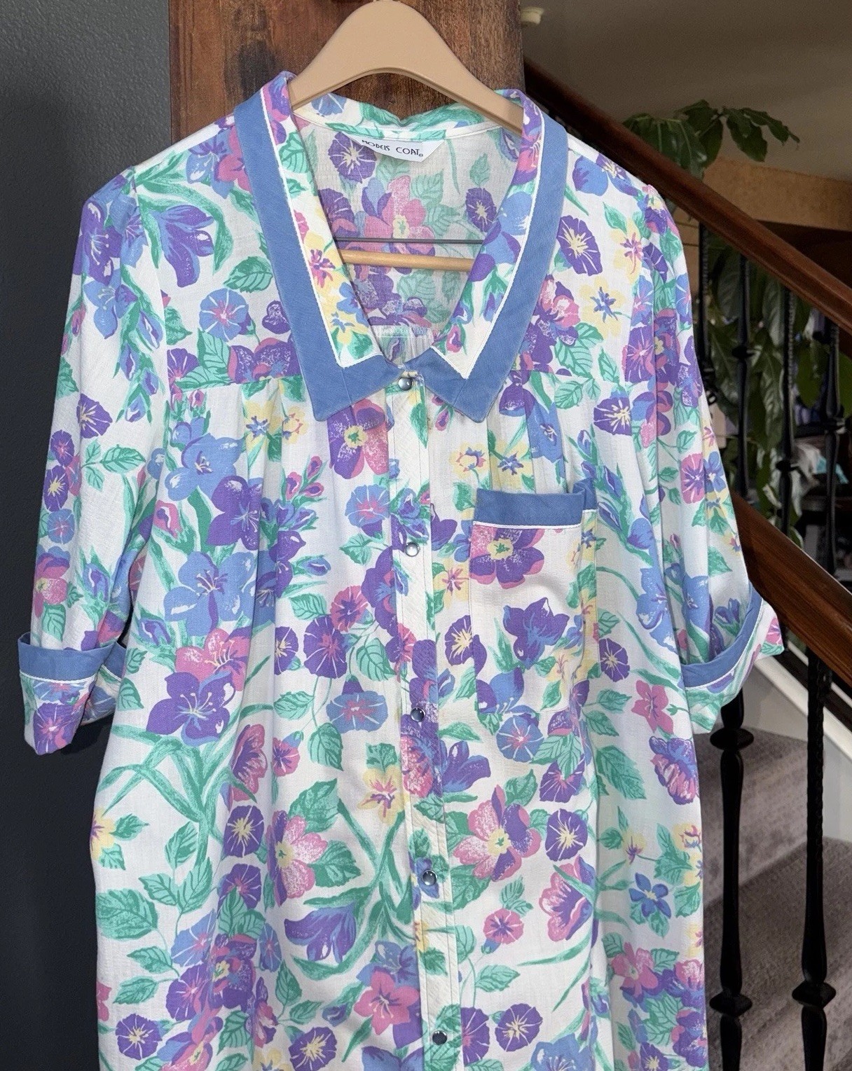 VTG Models Coat House Dress Pink & Purple Floral Purple Snap Buttons Pockets