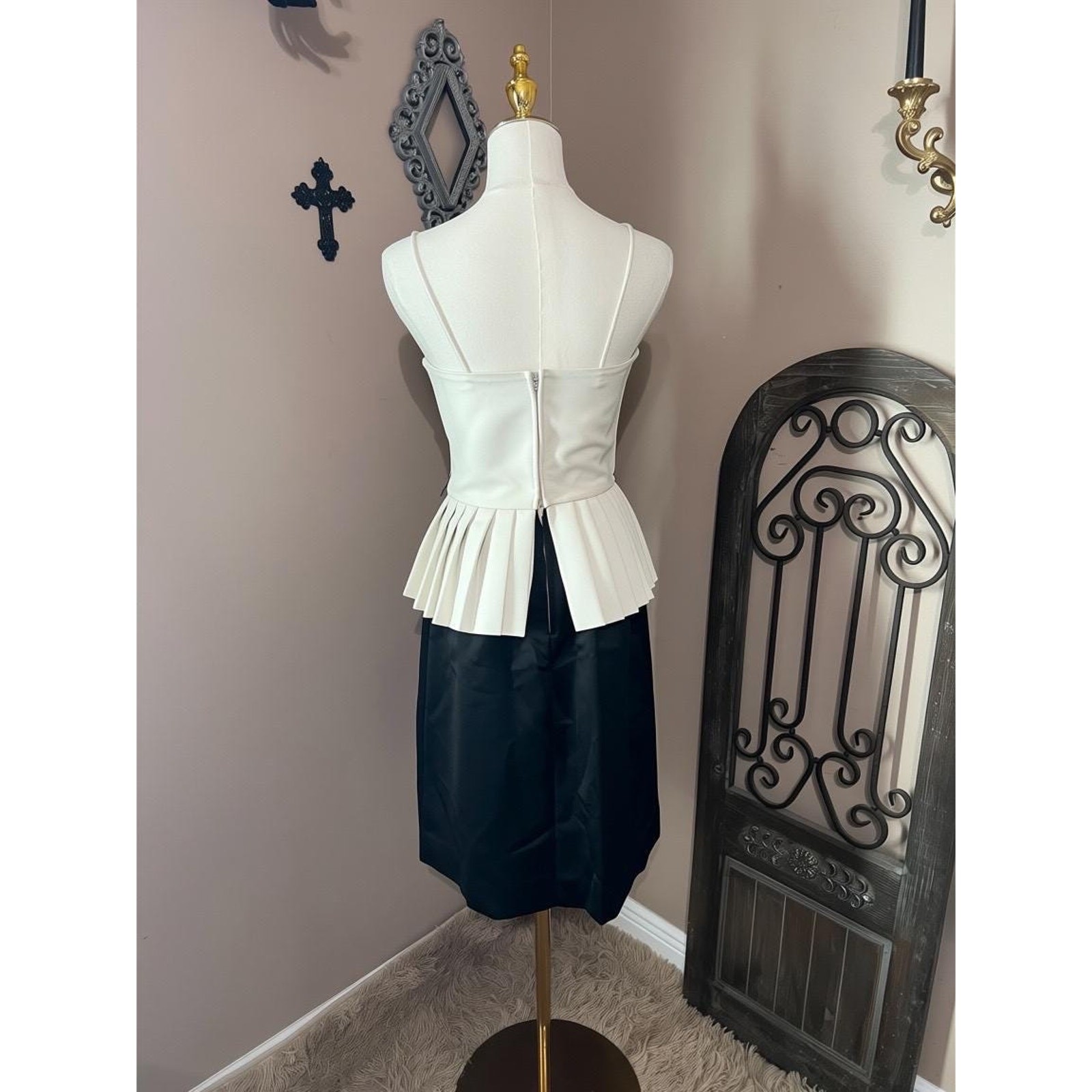 Vintage 80s Black & Ivory Structured Peplum Cocktail Dress Size S New Wave Goth