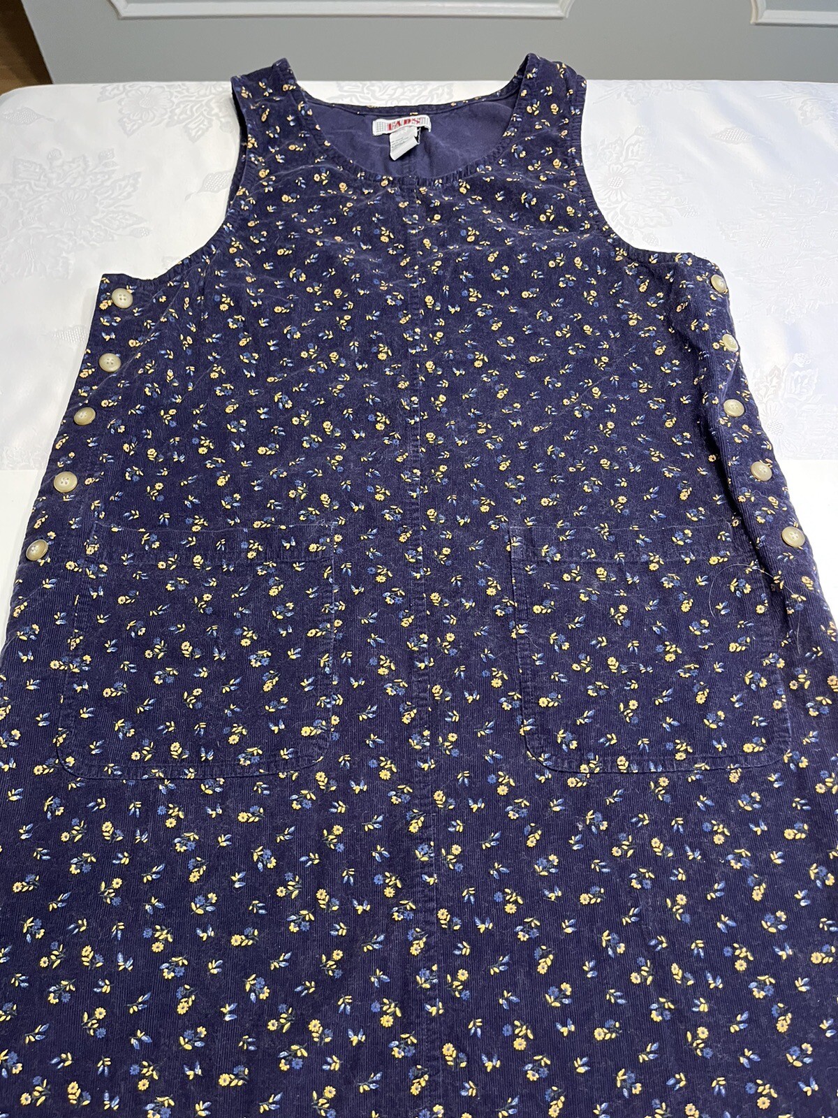 Fads Vintage 1980’s Blue Floral Corduroy Jumper Pina Fore Dress Midi Size 10P
