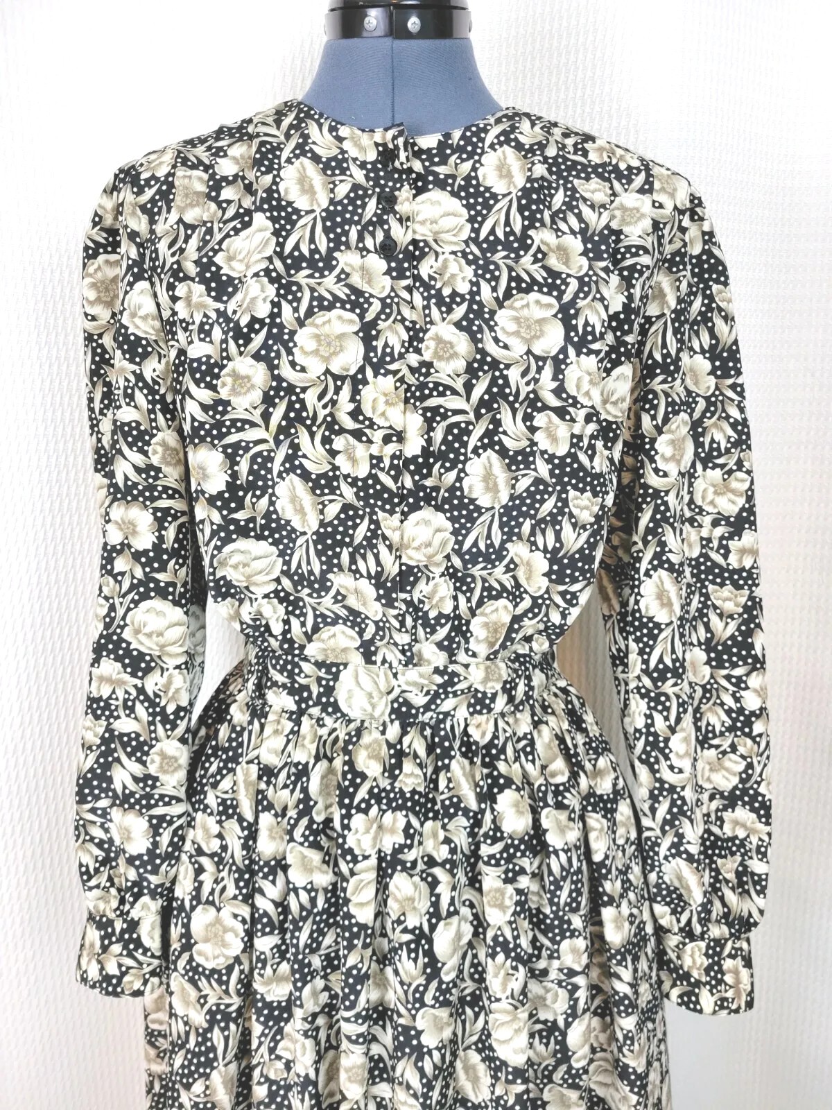Vtg Personal Blouse & Skirt Set in Black w Tan & White Florals & Polka Dots Sz 8
