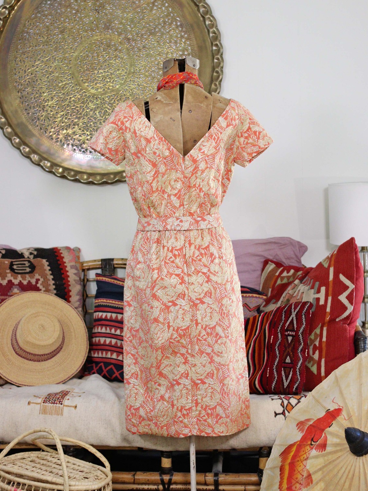 Vintage Ceil Chapman 1950s Designer Wiggle Dress Coral Pink Metallic Gold Rose