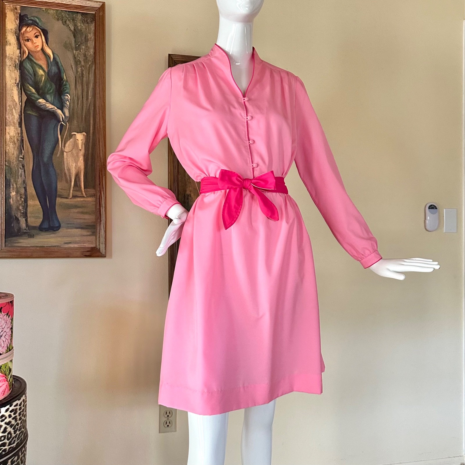 Vintage 1970s Bubblegum Pink Color Block Secretary Day Dress SATC Disco L