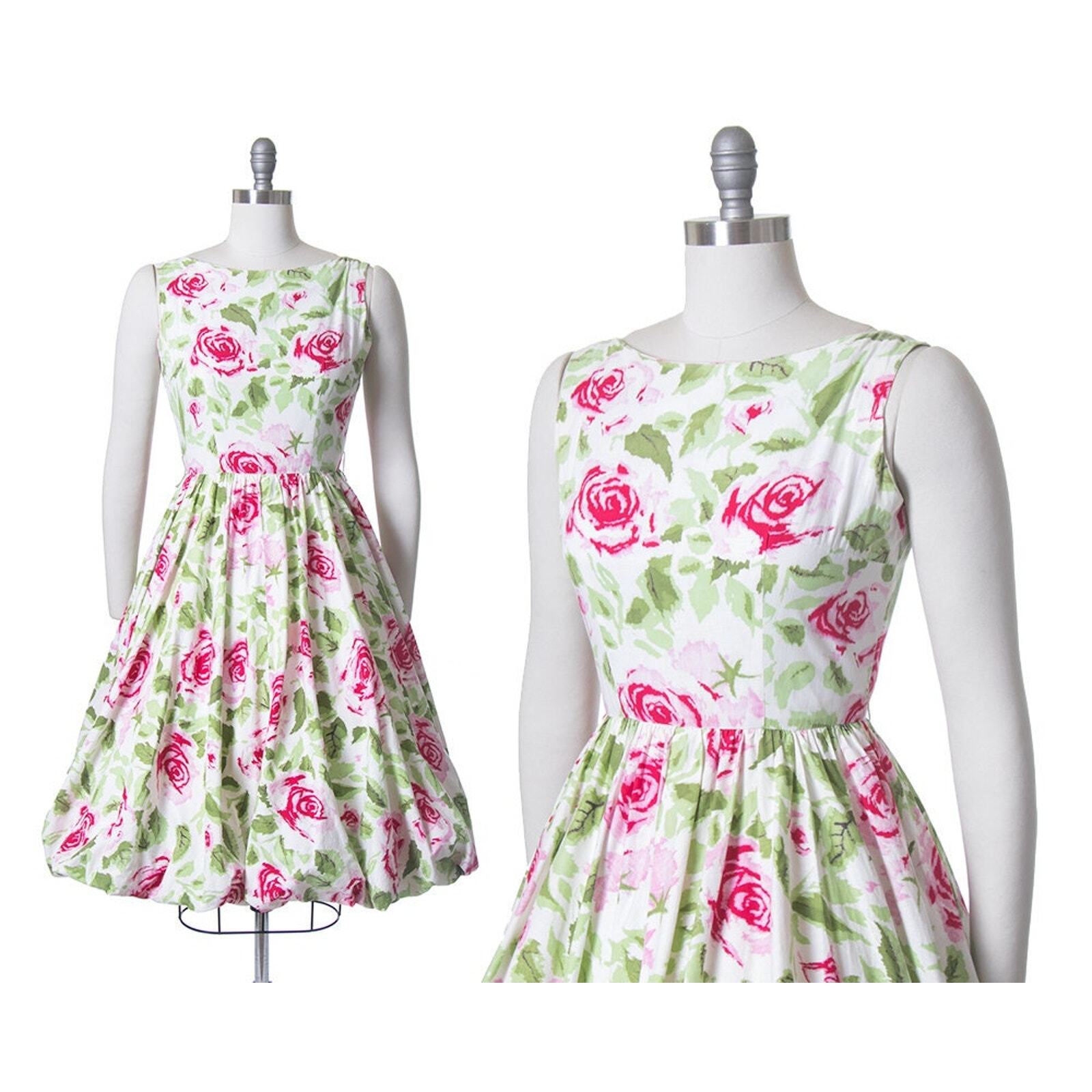 Vintage 1950s Dress 50s JERRY GILDEN Rose Floral Print Cotton White Sundress