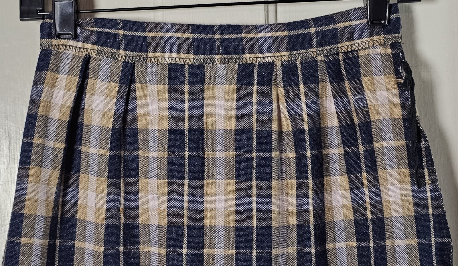 VTG 80’S Wool Pencil Skirt Women XS Blue Tan Pink Plaid Tartan Pleated Academia