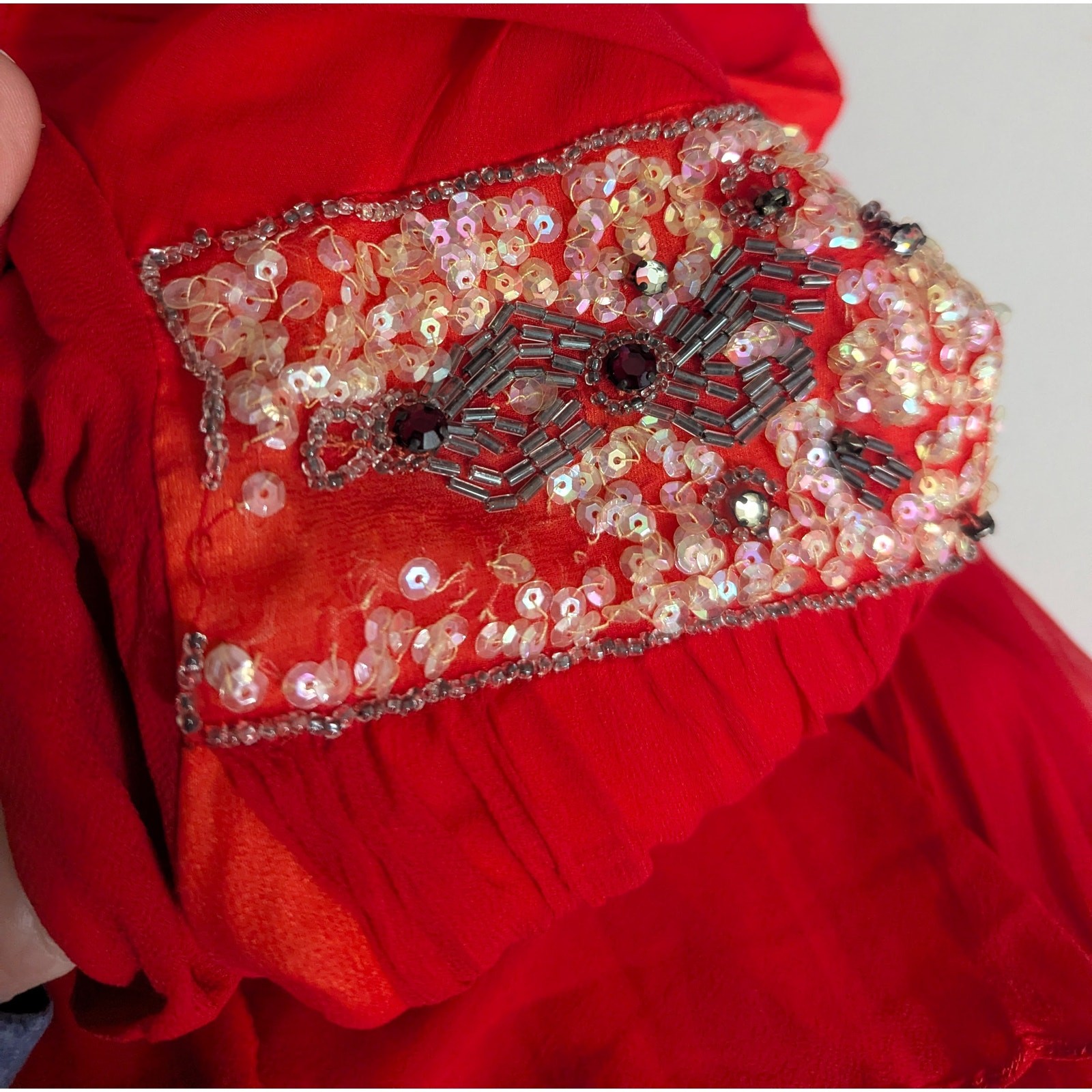 60s 70s Red Chiffon Embellished Formal Gown Dress Glamour Elegance Fits Large