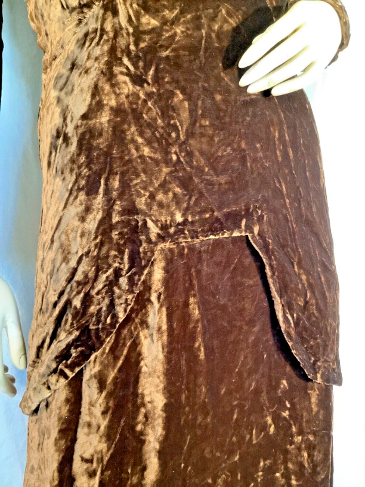 Art Deco vintage 30s draped 2 piece Dress peplum Top skirt Crushed velvet Brown