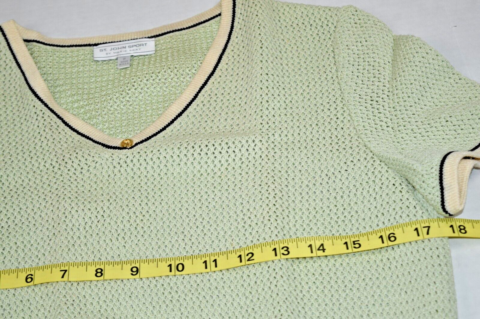 Vintage St John Knit Sweater Size S/M 80s Pale Mint Green Ivory Black Trim