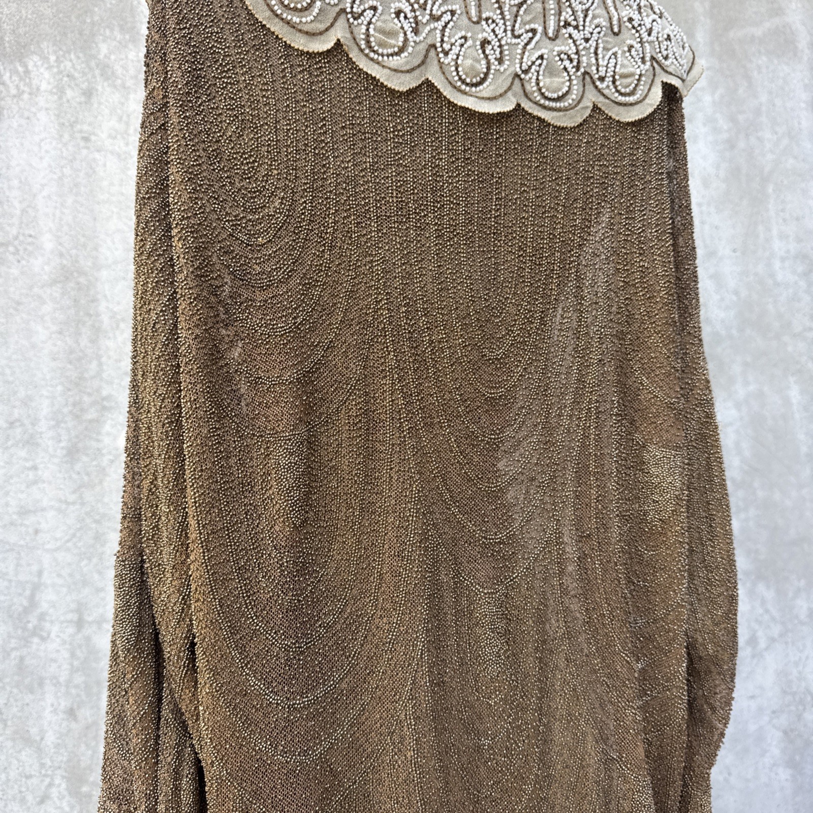 Antique 1920s Completely Beaded Gold Coat Scalloped Hem Art Deco Net Vintage