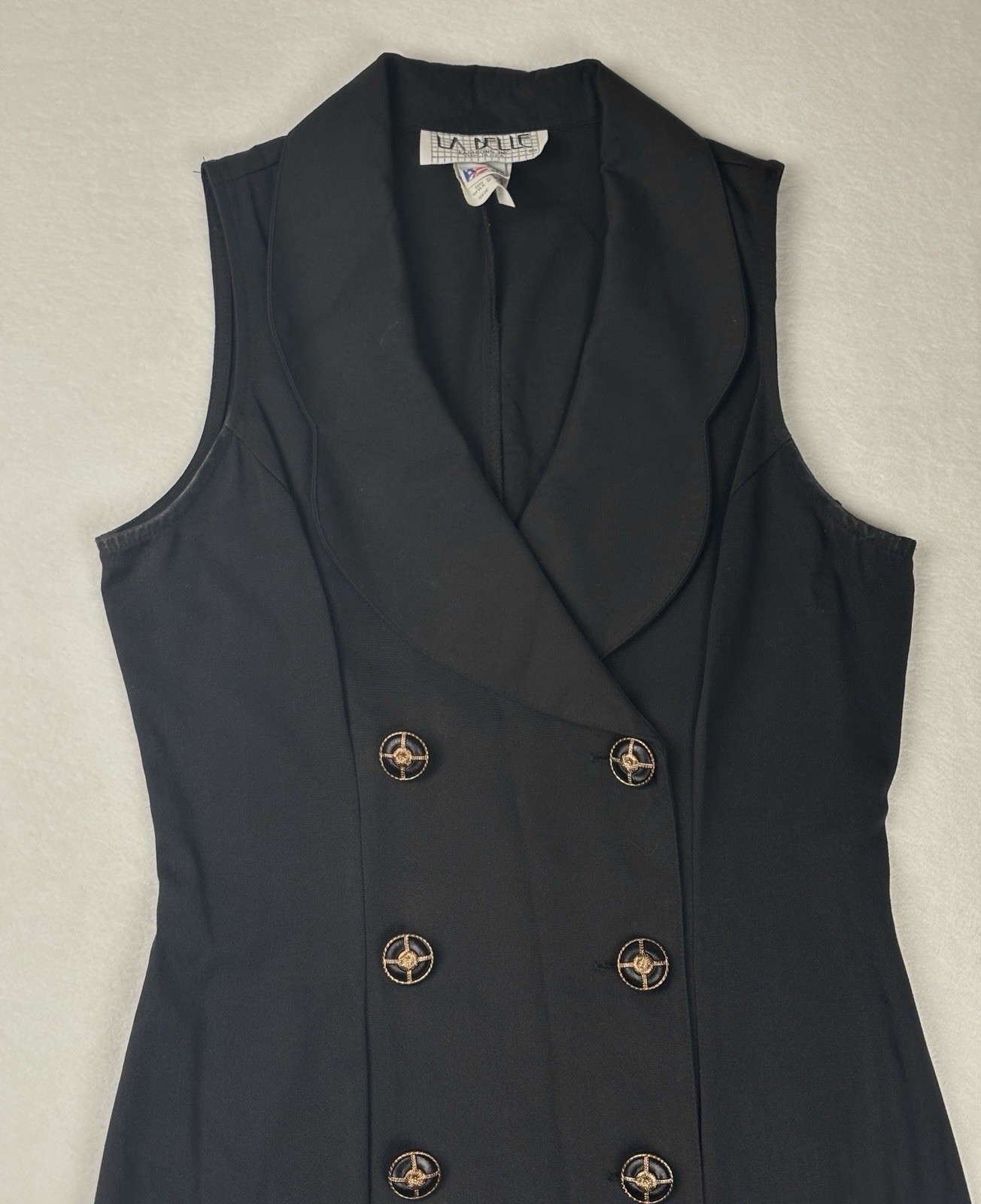 Vintage LaBelle Black Double Breasted Sleeveless Midi Dress Size 5 USA