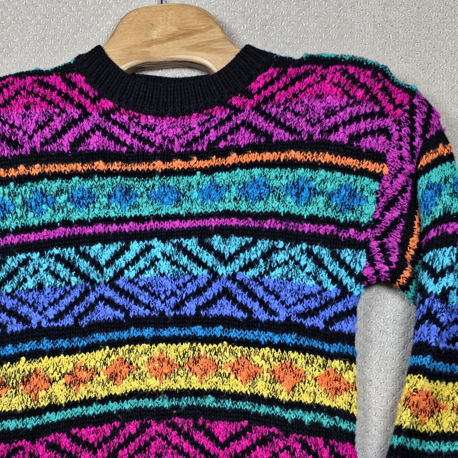VTG 80s Cristina Sweater Women M Black Neon Aztec Cosby Chunky Knit Shoulder Pad