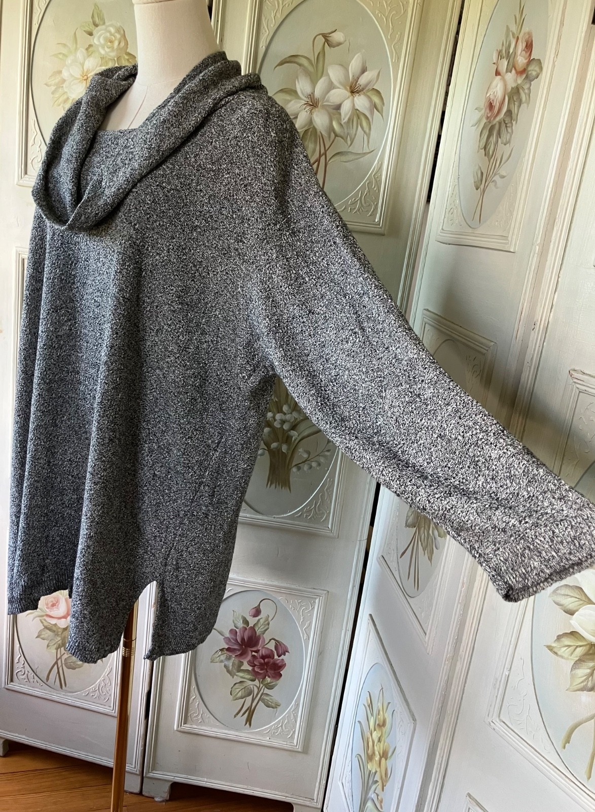 VTG 90s STEPHANIE SCHUSTER GRAY SHAWL COLLAR PULLOVER SWEATER COTTON TUNIC EUC 2