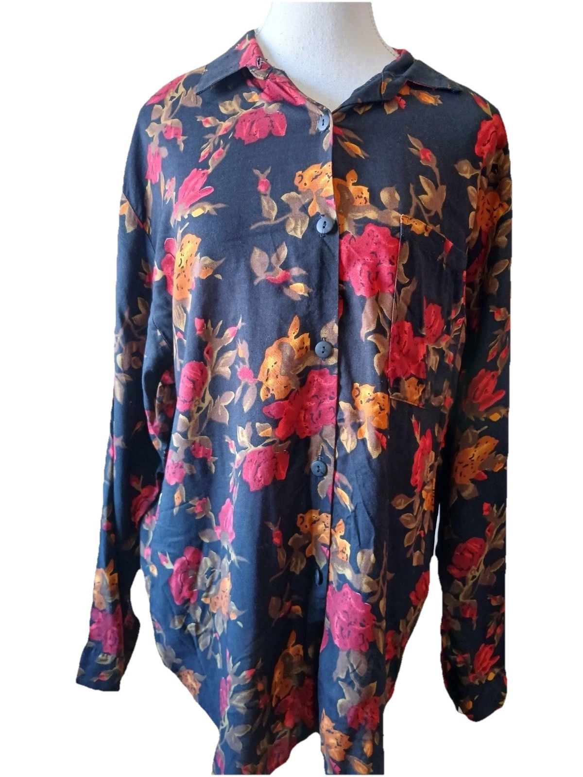 Vtg Judy Knapp 80’s 90’s Floral Long Sleeve Button up Shirt Black Red Orange L