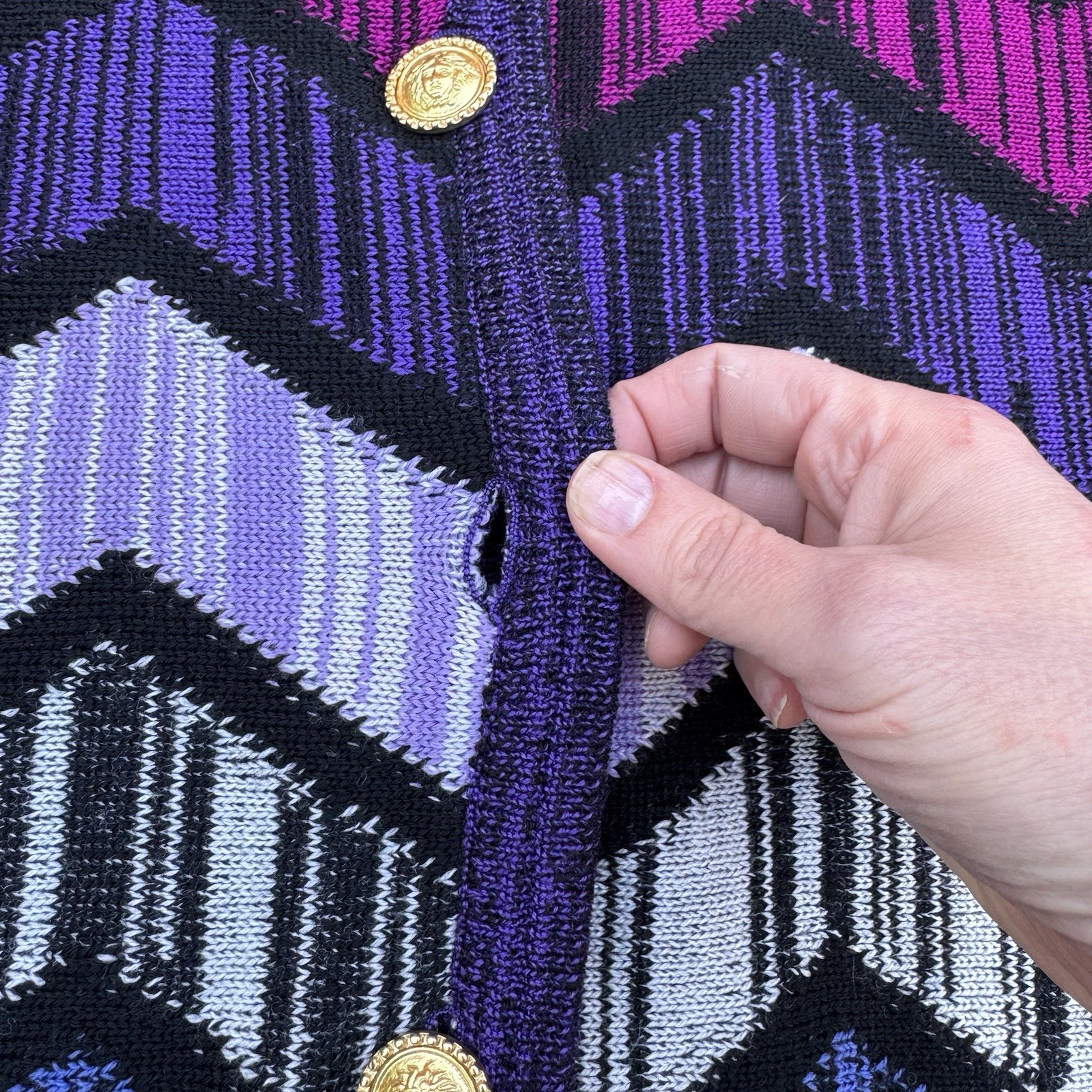 VTG 90s Gianni Versace Virgin Wool Cardigan Sweater Colorful Gold Buttons S READ