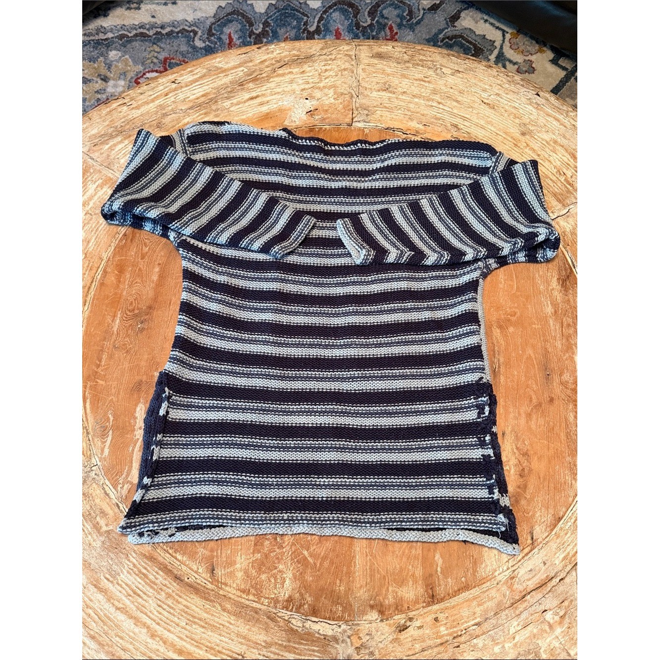 Vintage Blue Patchwork Stripe Sweater Made in Hong Kong Coastal Cottagecore M