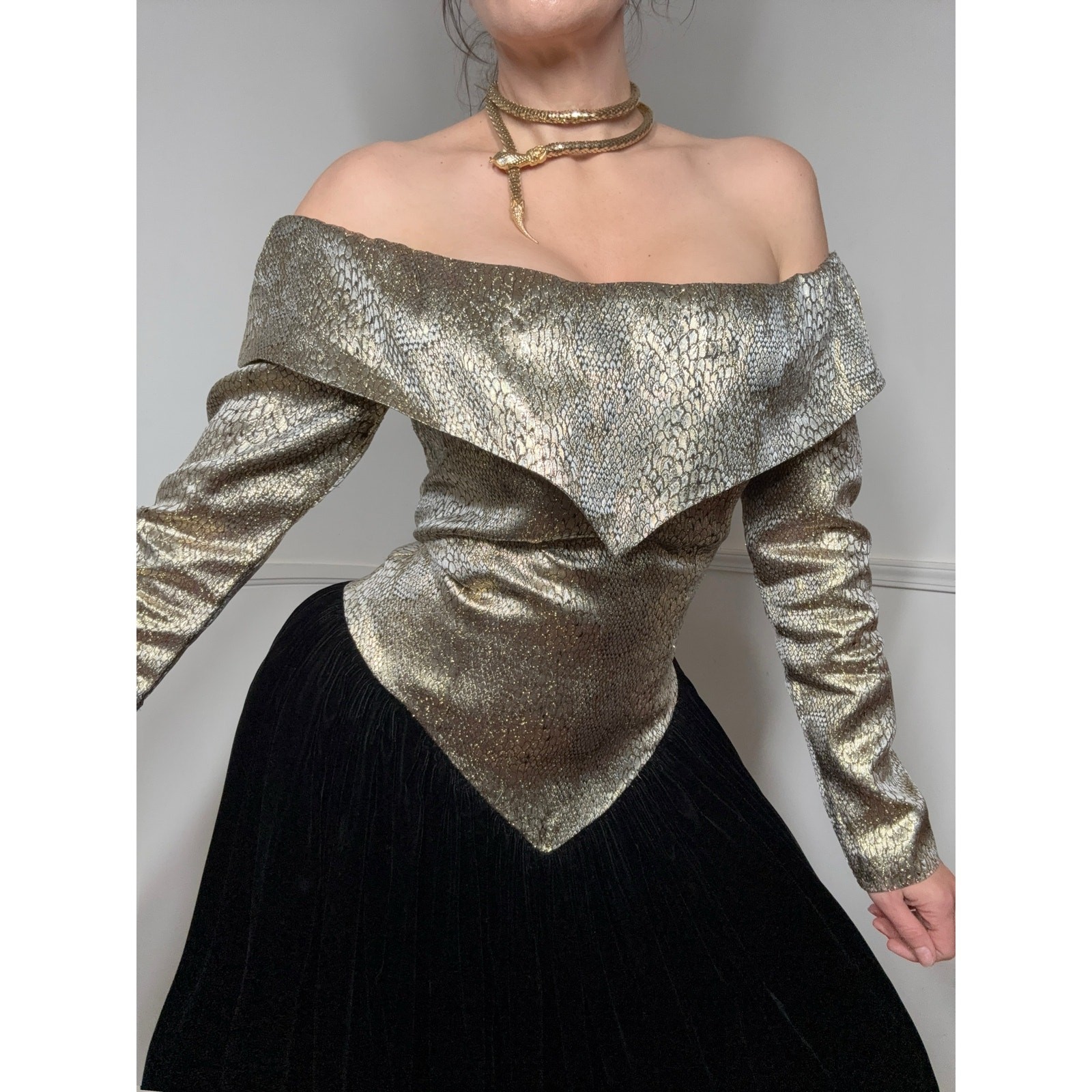 Large 1980s Vintage Snake Print Brocade and Velvet Formal Gown