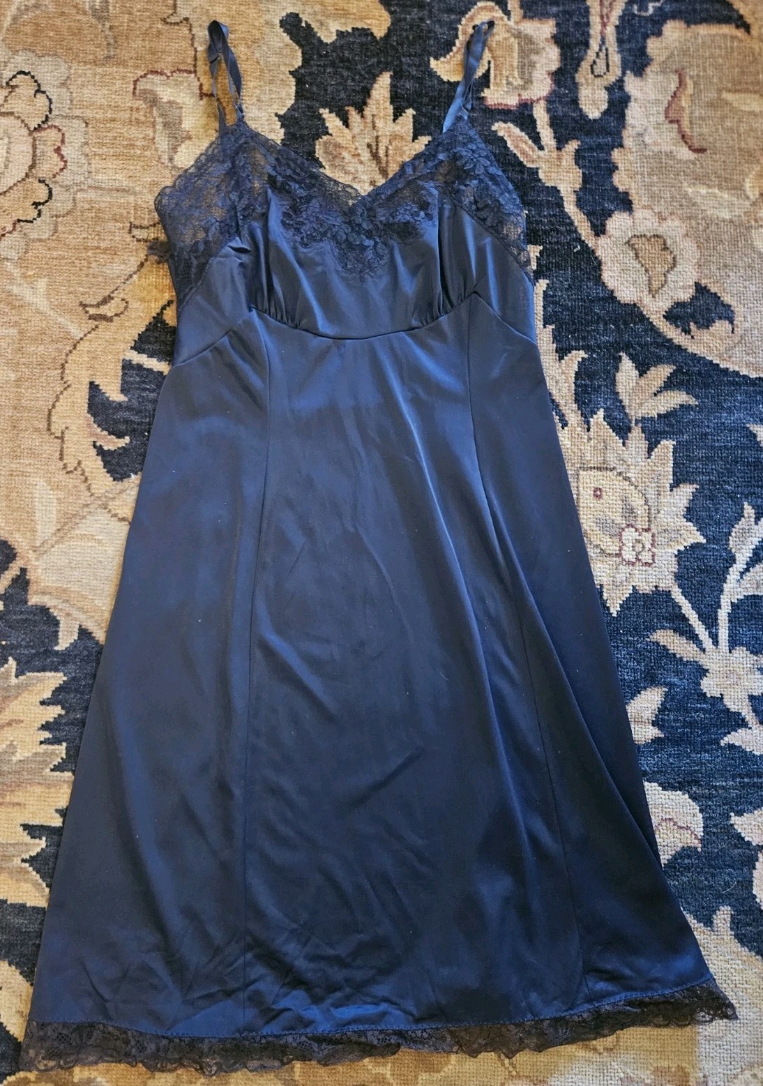 Vintage 1970’s Larose Lace Spaghetti Strap Blue Night Gown – Size Reg 34