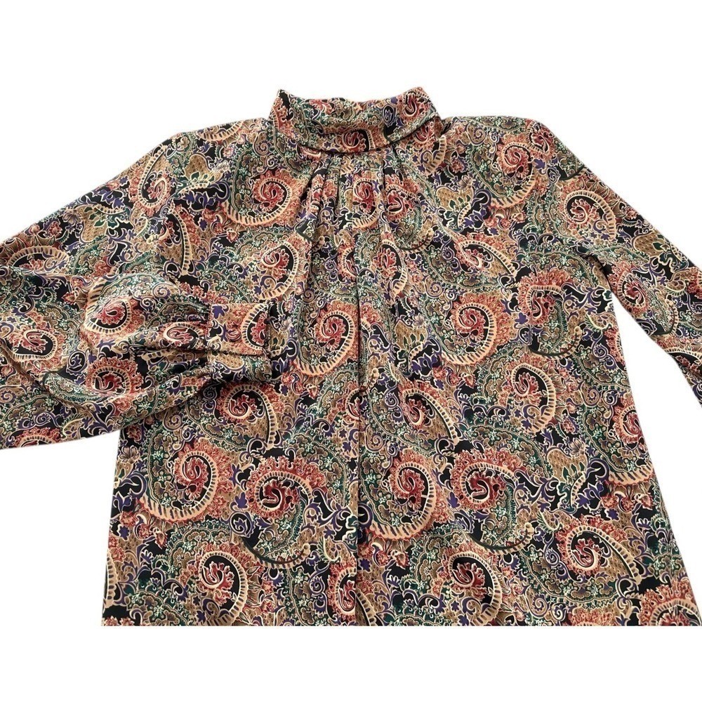 Jessica Lynn Pleated Paisley Blouse Mock Neck Long Sleeves Size 8 Vintage 1980s