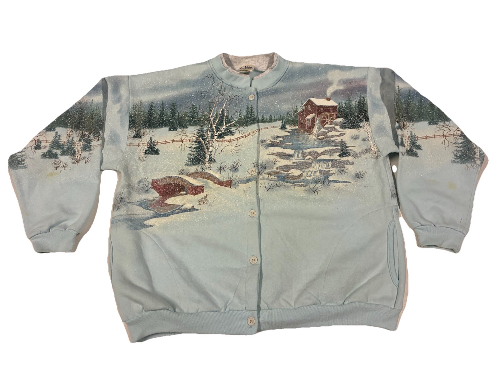 Vtg Winter Scene Graphic Sweatshirt Jacket Women’s Med Grandmacore Button (XL!)