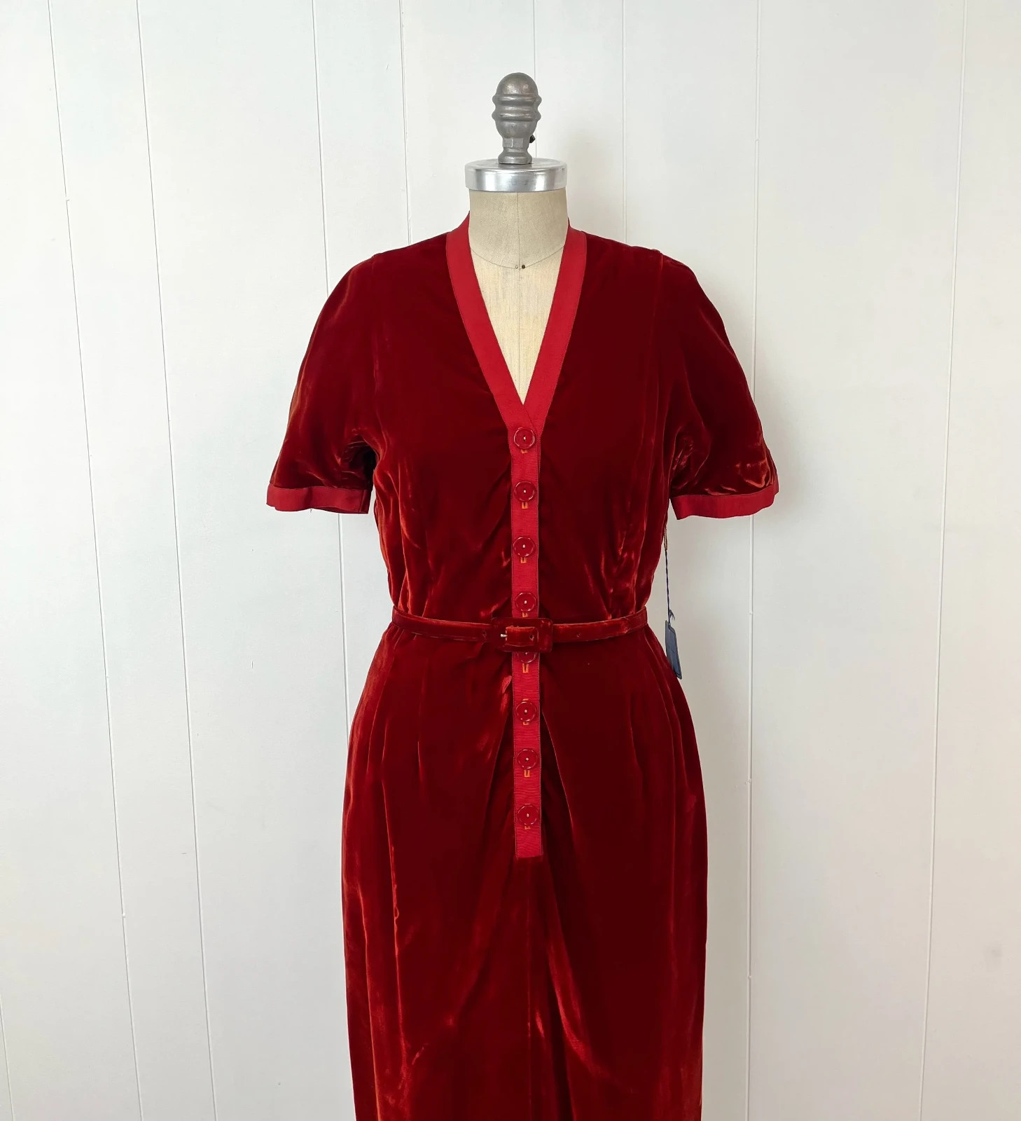Vintage NOS 1940s 50s Red Velvet Wiggle Pencil Holiday Party Button Up Dress