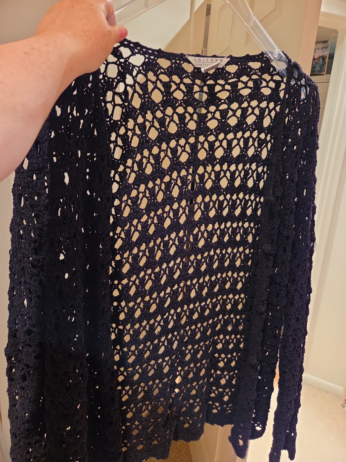 VTG 1980s 1990s Unirorm John Paul Richard Crochet type Black Cardigan Large Long