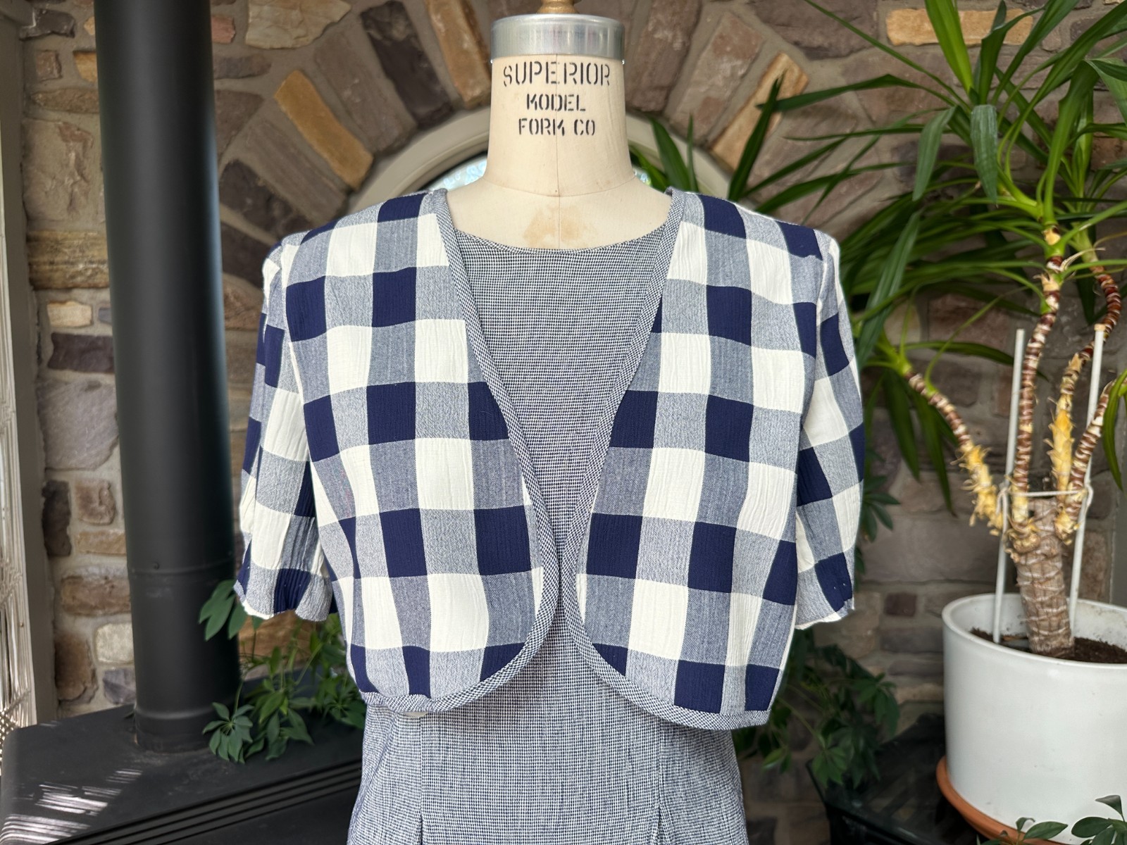 Vintage 1990s Blue and White Check Midi Dress TR Bentley