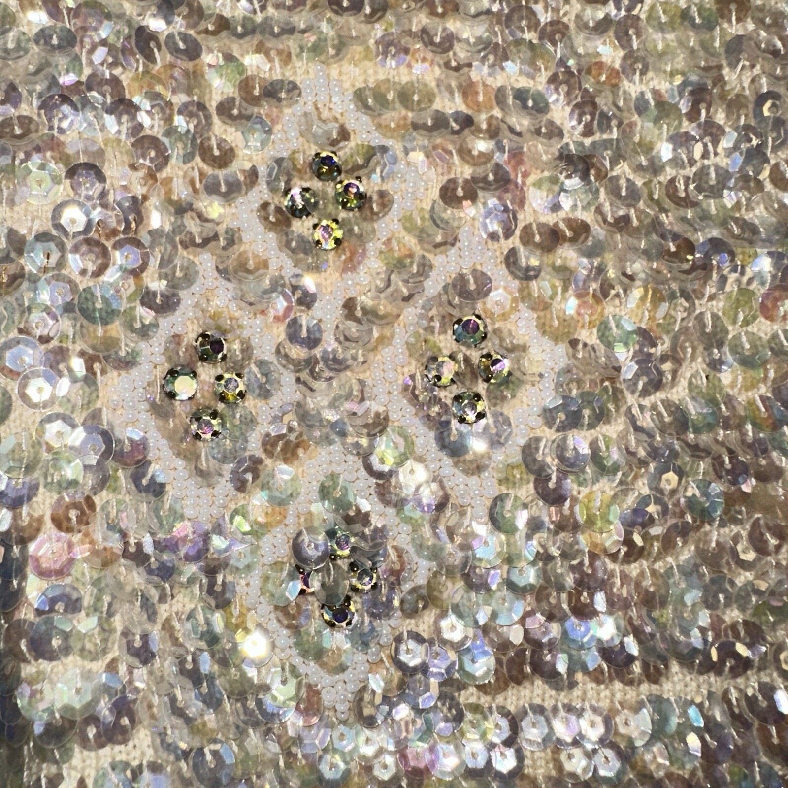 Vtg 50s 60s Hand Beaded Sequin Sleeveless Sweater Top Ivory 34 Glam Holiday Flaw