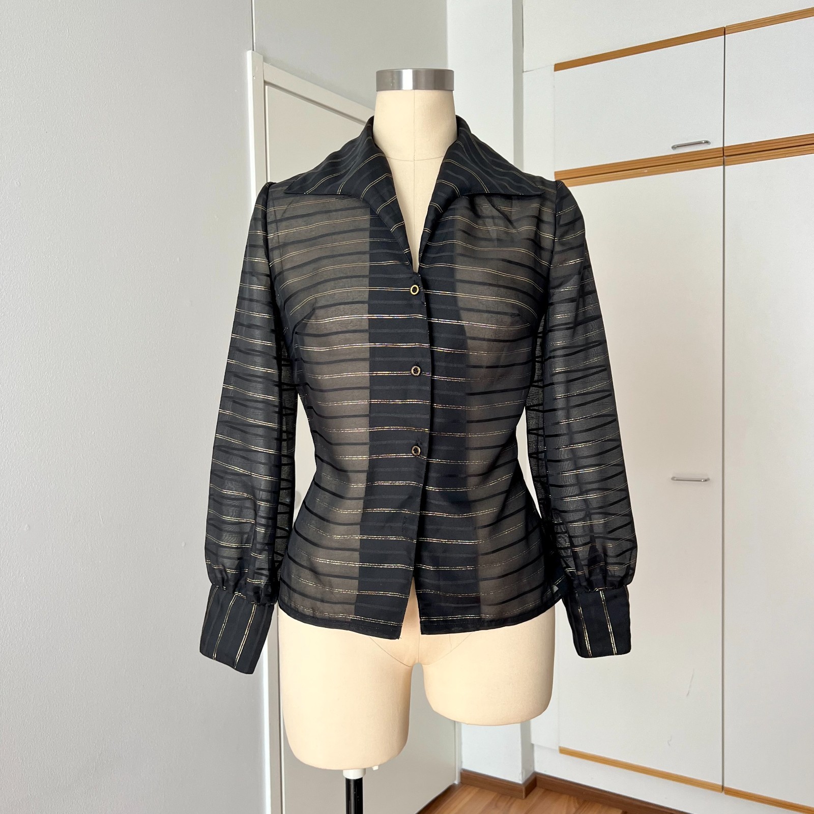 1970s Black Sheer Blouse Button Front Dagger Collar Disco Retro Office Shirt 38