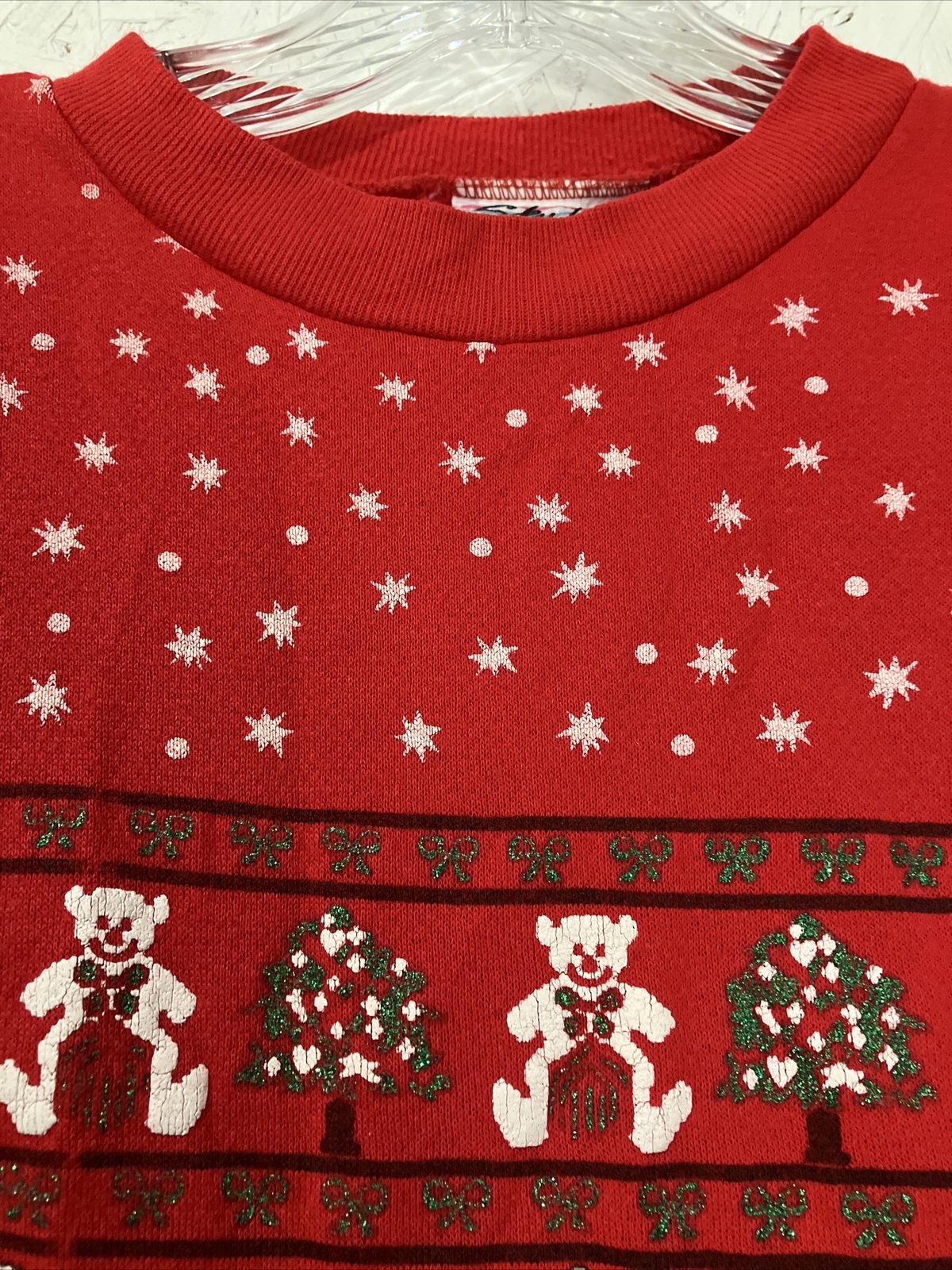 Vintage Sky Lite 80s Red Teddy Bear Christmas Crewneck Sweater Glitter Size M