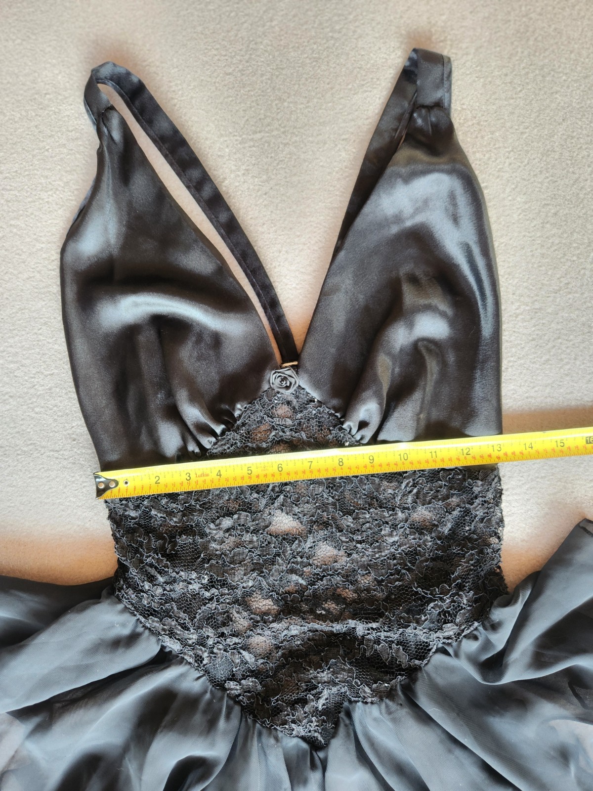 Black Satin Lace Chiffon Teddy Bodysuit Babydoll Lingerie Rosette M