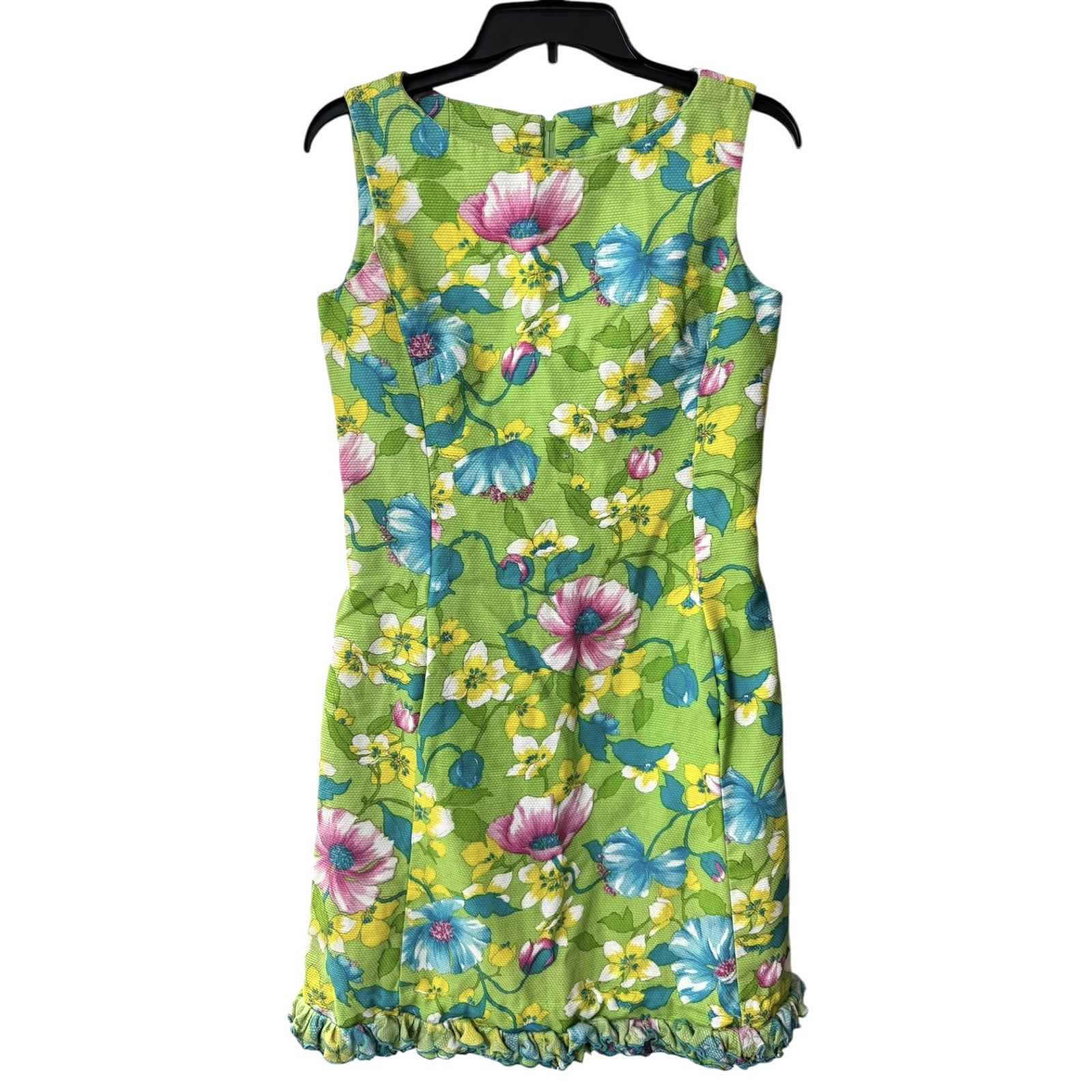 Vintage McMullen Dress Size 10 Happy Bright Floral Green Ruffled Hem Retro