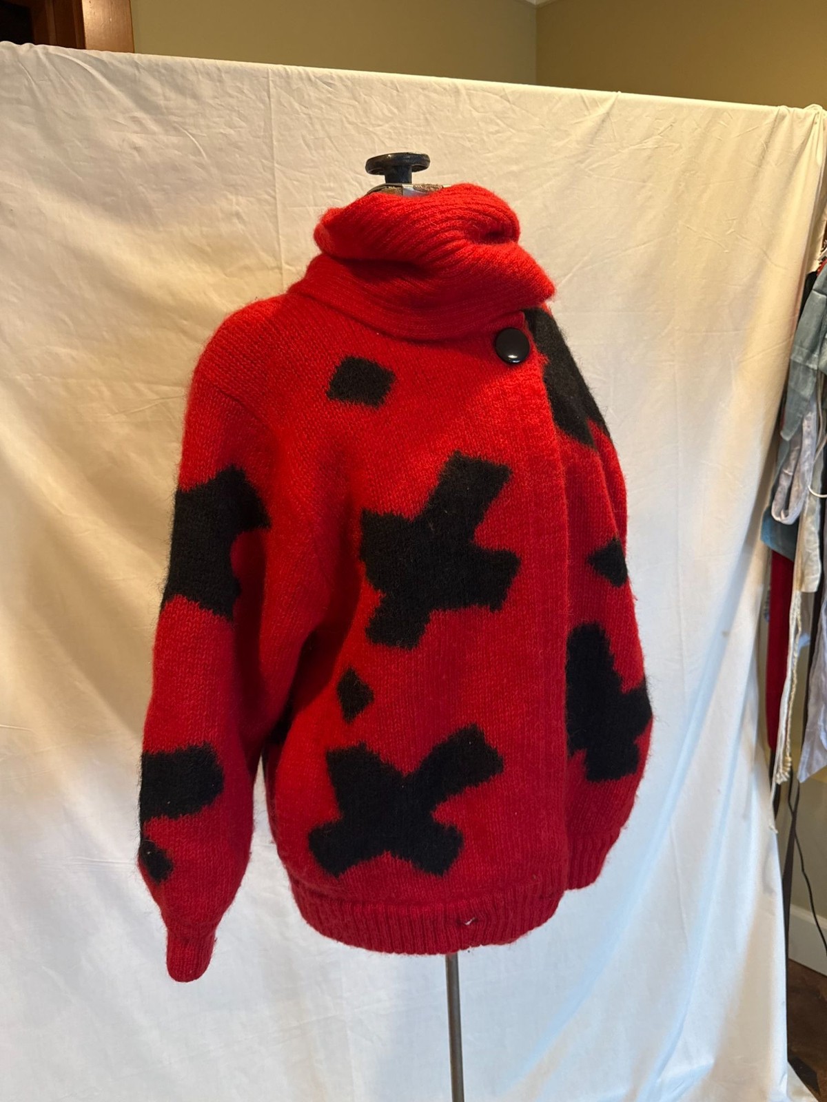 Vintage 80s Red Graphic Oversized Mohair Knit Jacket Statement Piece
