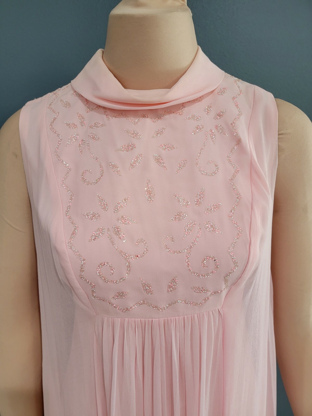 Vintage 50s 60s pink flowy chiffon maxi dress nynco zipper XS/S