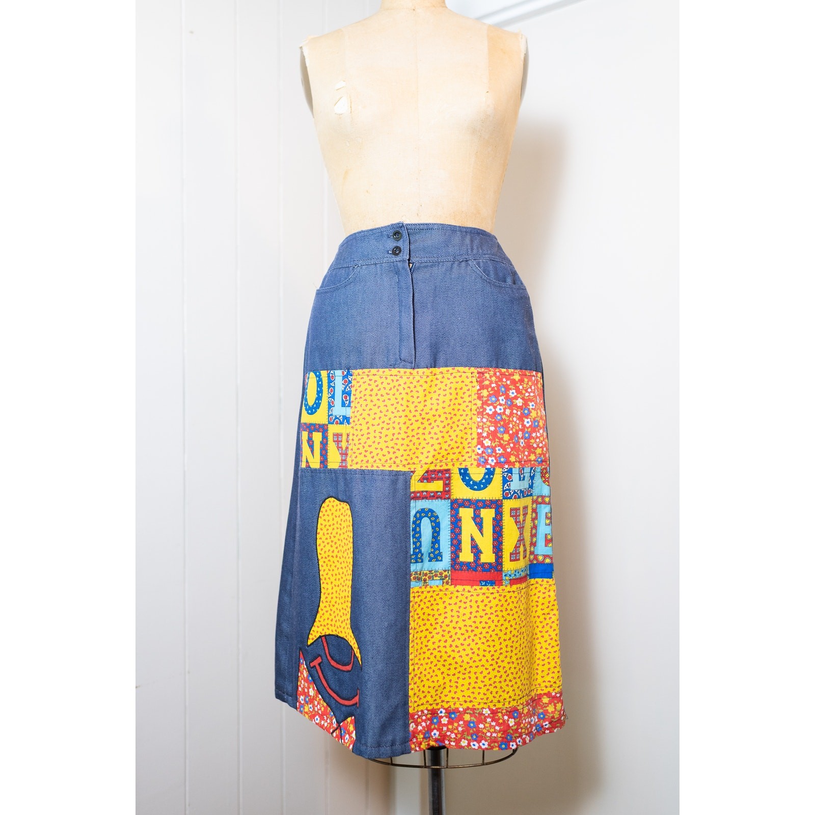 Vintage 70s Patchwork Alphabet Skirt, Colorful Chambray A-Line, Boho Artsy Small