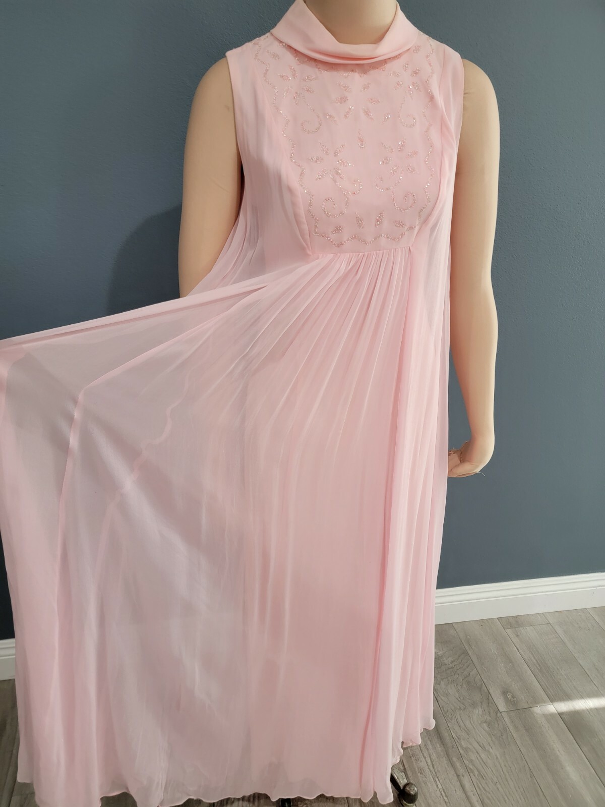 Vintage 50s 60s pink flowy chiffon maxi dress nynco zipper XS/S