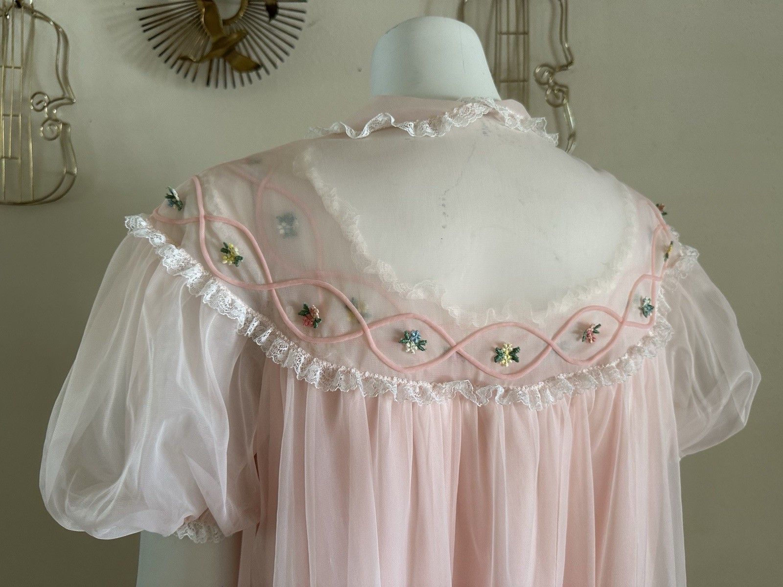 1960s Gotham Pink Nylon Peignoir Set Babydoll Chiffon Lace Lingerie Robe M VTG