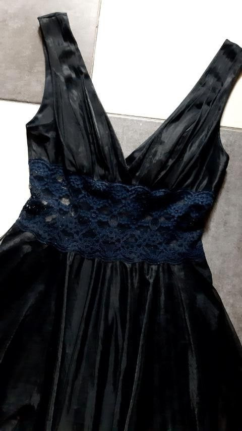 Vintage 80s Black Nylon Peignoir Dress Sexy Guipure Layered Chest 86cm/34″