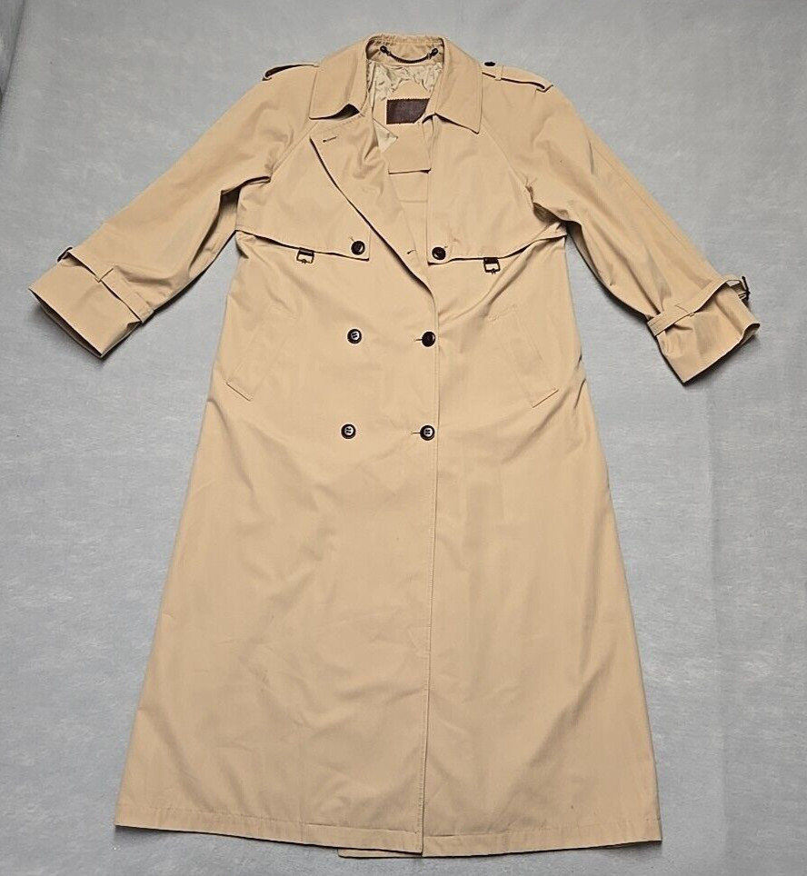 VTG Etienne Aigner Long Khaki Trench Coat 12 Leather Accent Neutral
