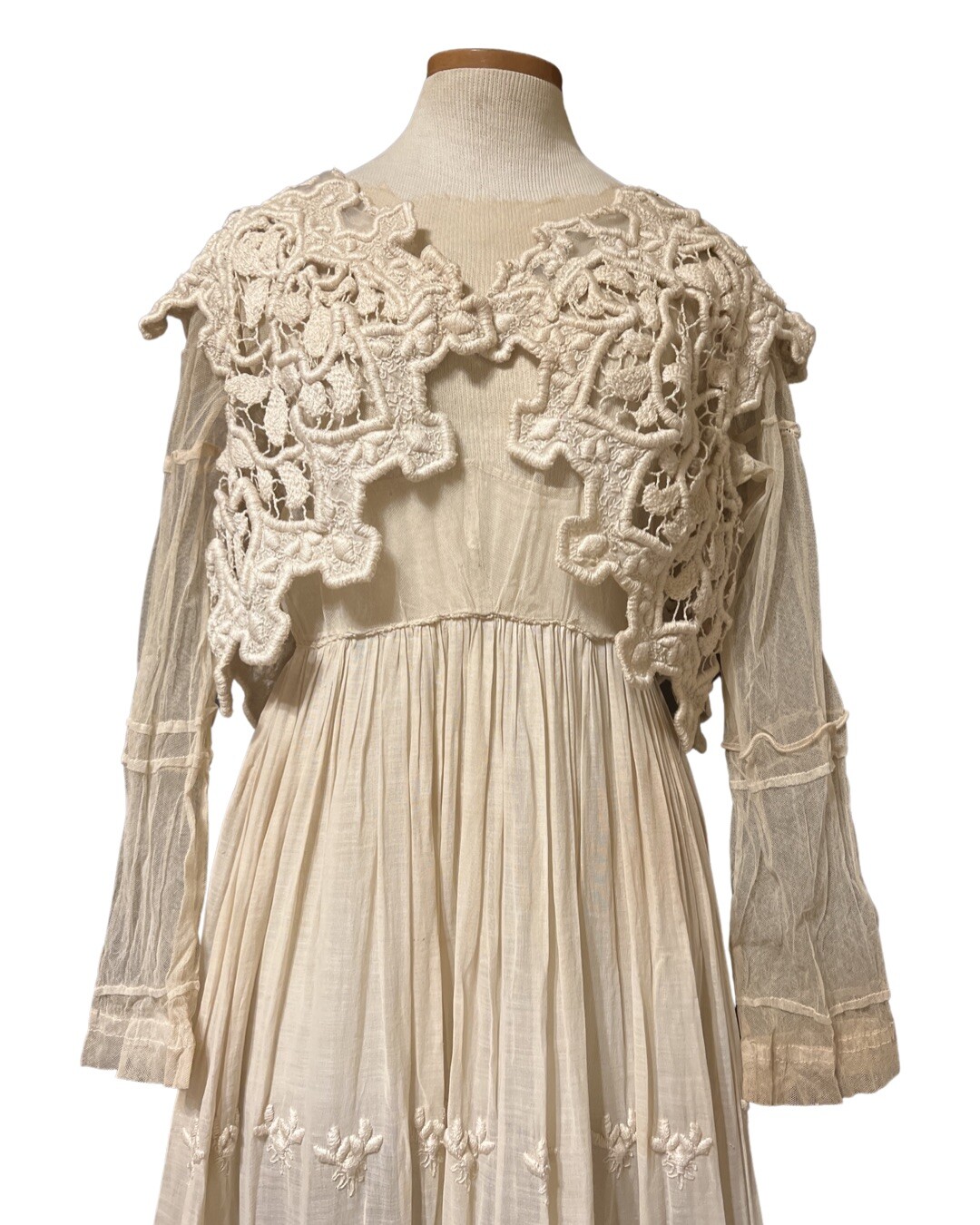 Antique Edwardian Tulle Crochet Formal 2piece Dress Vest Cotton Voile Skirt 1900