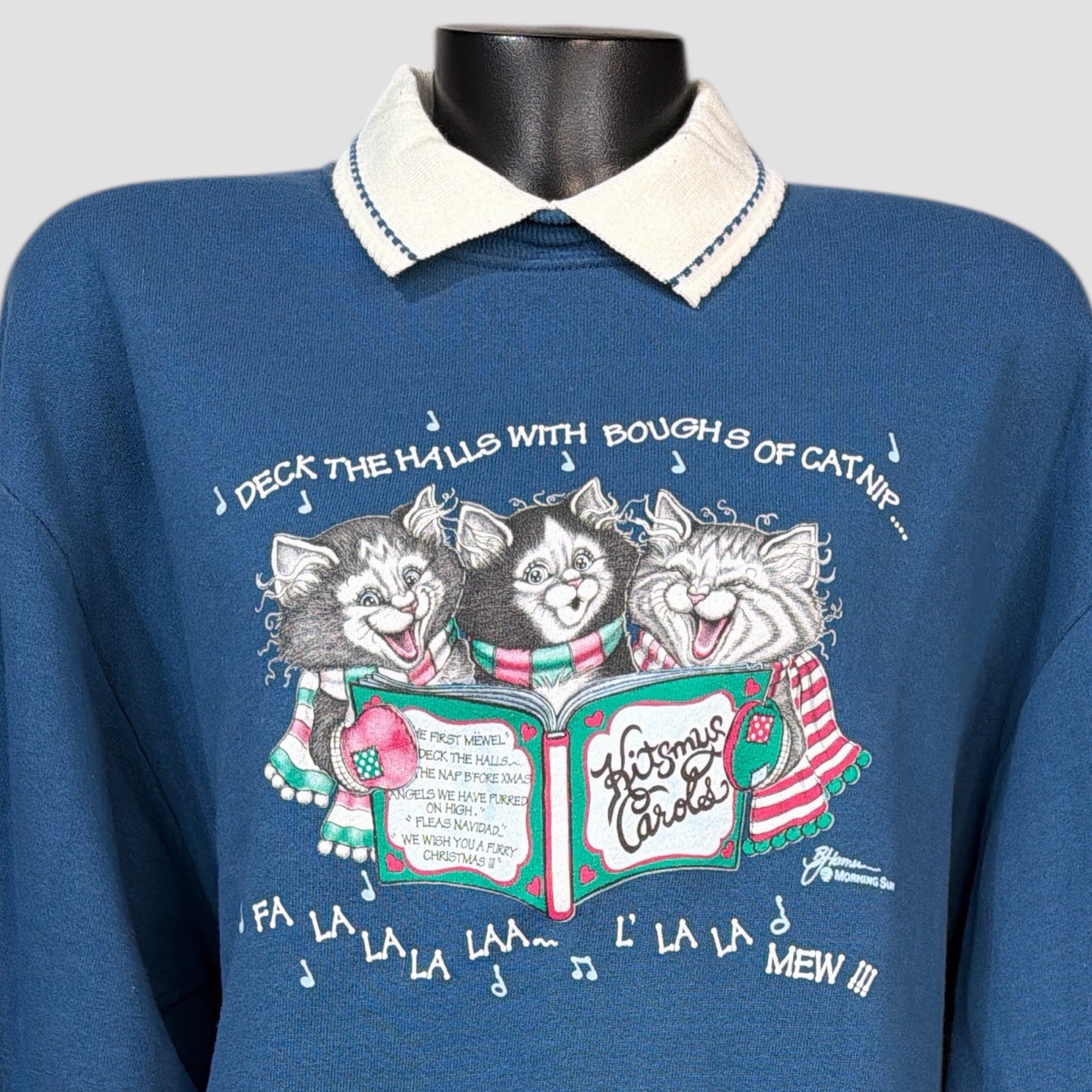 80s 90s VTG Kitty Cat Christmas Graphic Whimsical Sweater Sweat Shirt Grannycore
