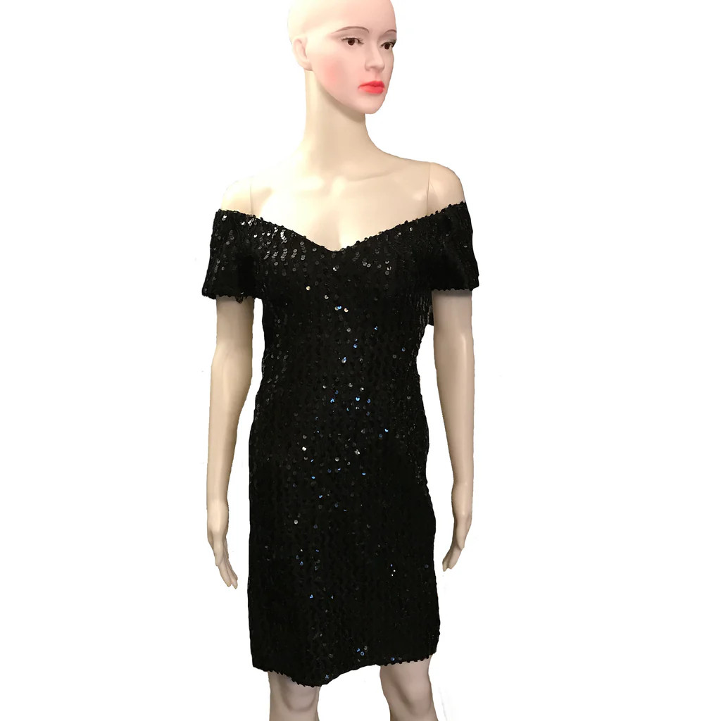 Vintage 80s Glenrob Black Sequin Off Shoulder Convertible Cocktail Dress Women’s