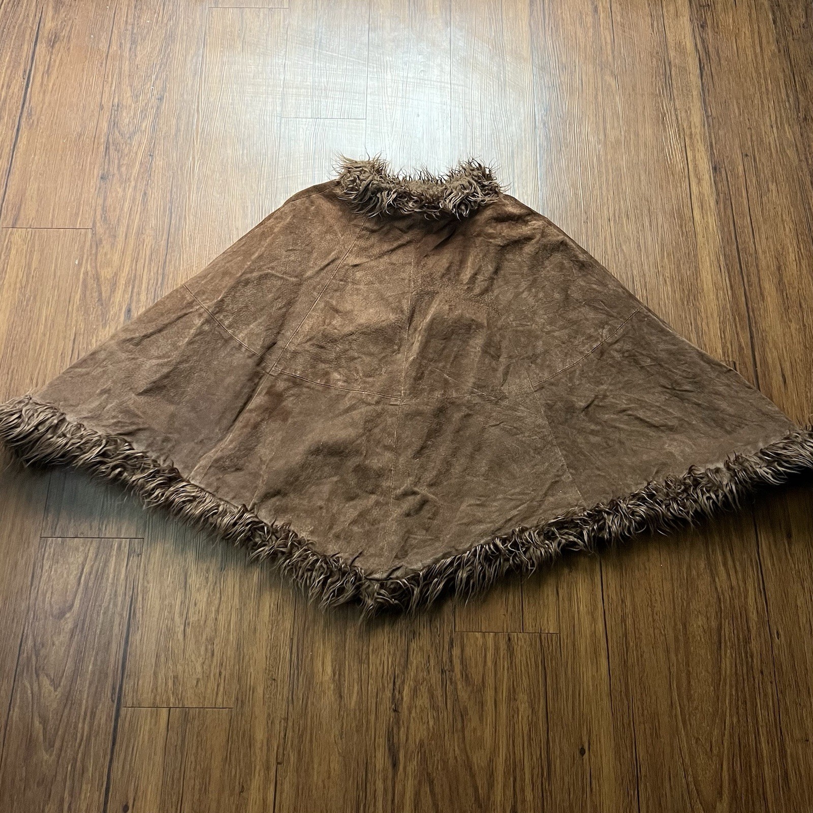 Vintage Suede Leather Poncho Fringe Brown Womens Boho Festival Western Y2K 90s