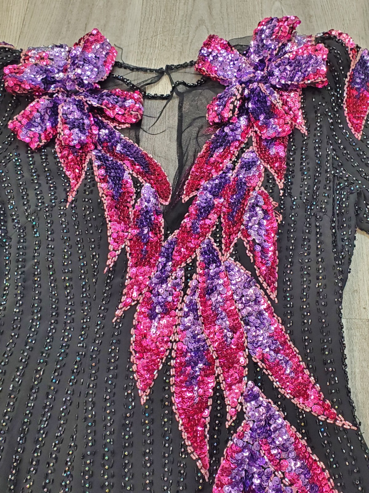 VTG 80s SHO MAX Black/Pink/Purple BEADED Sequined BAROQUE Silk TROPHY Dress Sz M