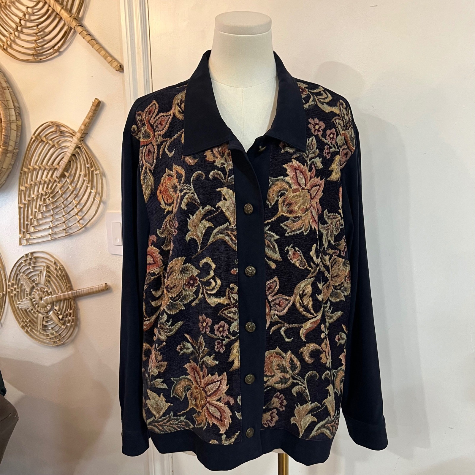 Vintage Studio Ease Navy Blue Tapestry Floral Button Up Jacket Shacket Boho 18W