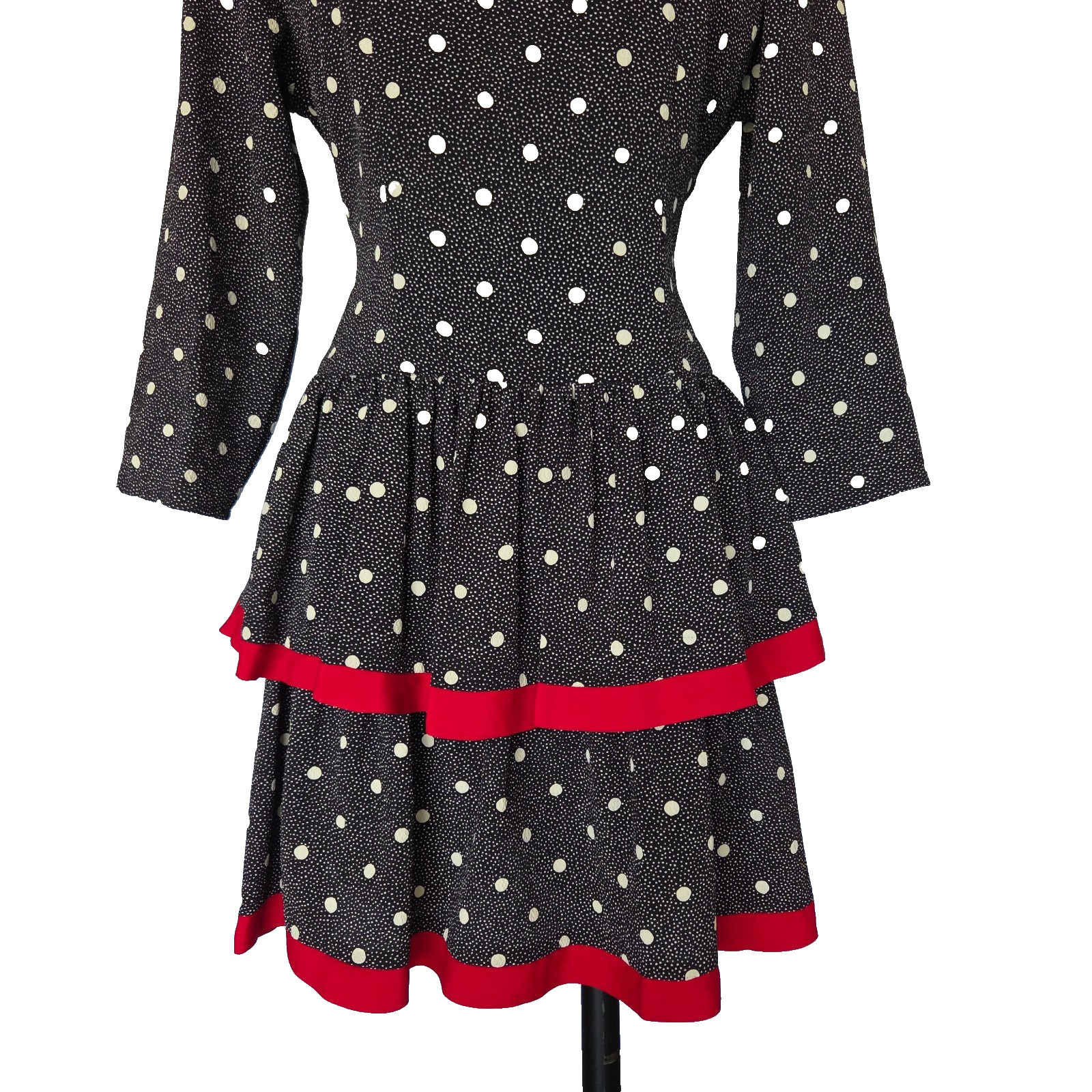 Vintage 80s Polka Dot Mini Dress Size M 8 Black Red Tiered Skirt Long Sleeve