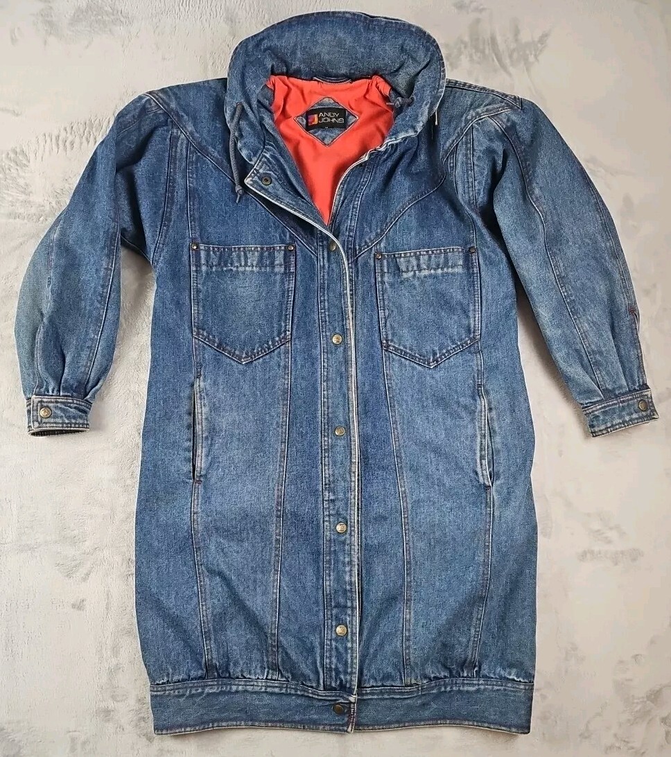 Andy Johns Women’s Denim Long Jacket Lined Sz Med Vtg 80s 90s Hidden Hood