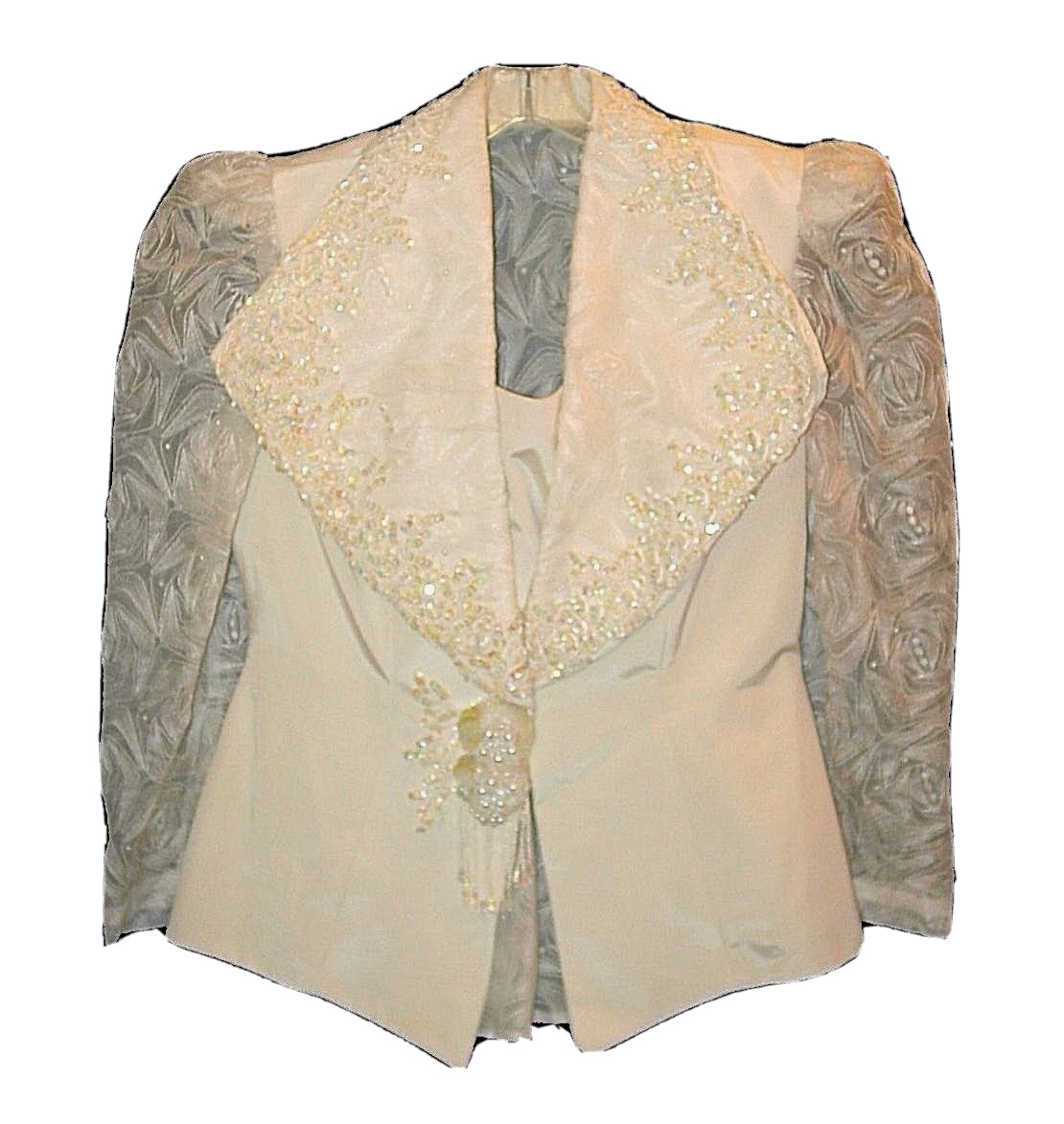 Wedding Suit, Vintage 1970s?, Blazer & Skirt Ivory Lace Beads Sequins, L